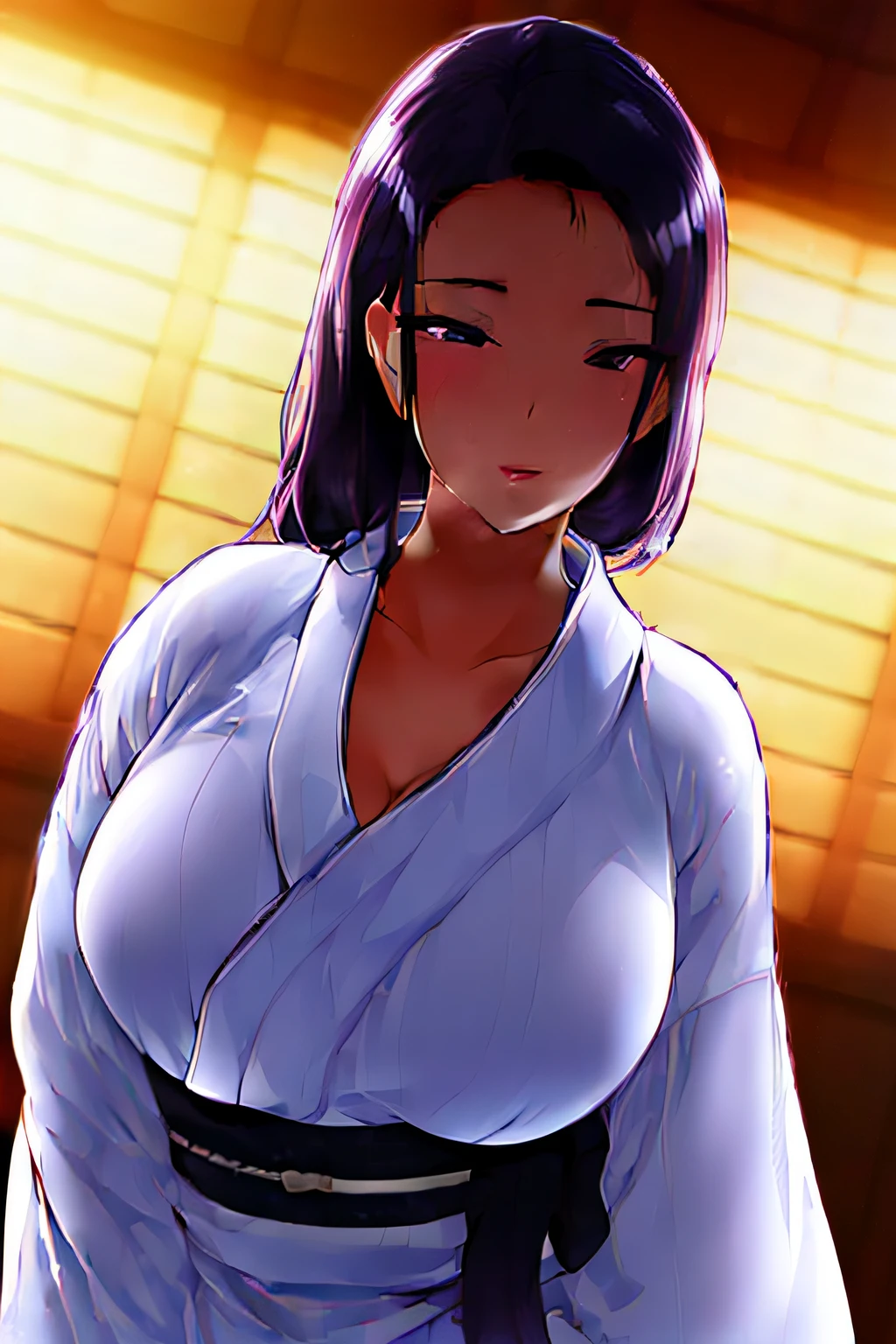 inside in room,Judo arena,tatami matasterpiece, Top quality, Best quality, offcial art, Beautiful and aesthetic:1.2), 1girll，Wearing a pure white judo suit with open chest（longer sleeveaggy，Large cuffull bodyesbian,Full-figured，Brown A-line hairstyle,did not wear underwear，A black karate belt is tied around his waist, White karate pantull Tits, firm breast，Judo suit chest open，No underwear，No bra，revealing breasts， Stand on tatami