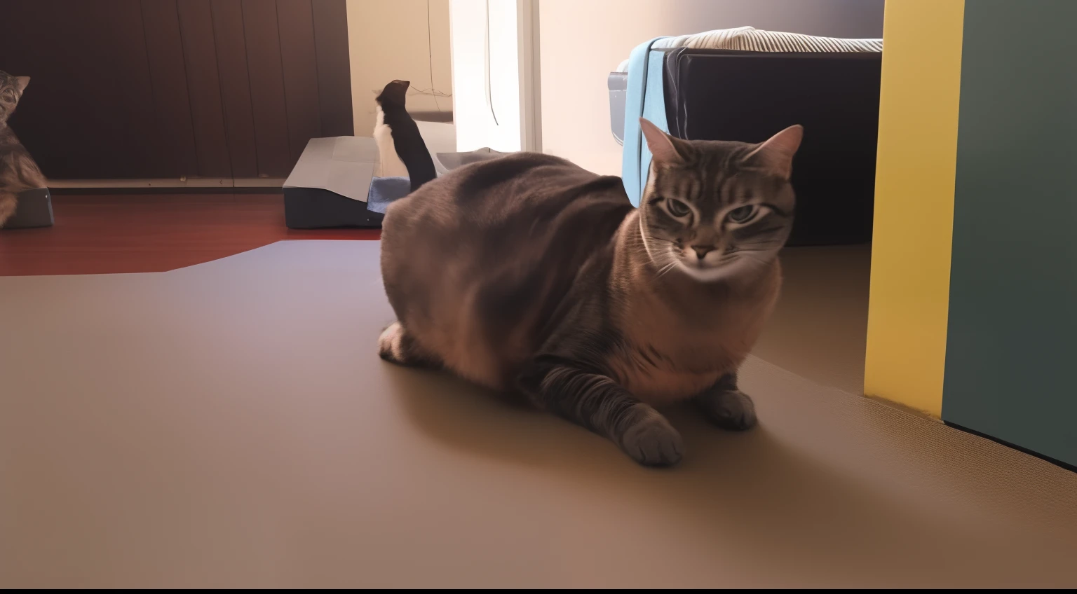 Taby cat standing next to black taby cat