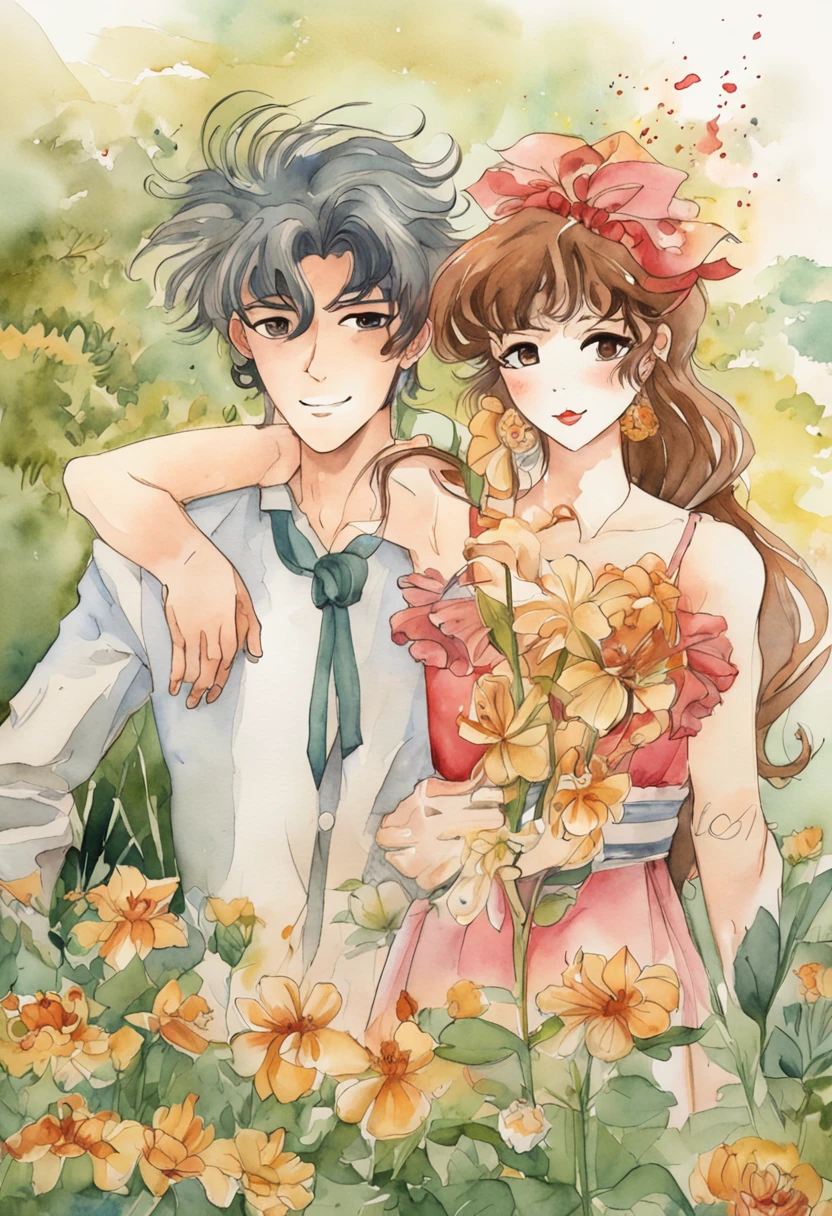 [hombre y mujer retro], Anime antiguo, 1980s \(estilo\), 1990's \(estilo\), acuarela \(Medio\), , ((La mejor calidad)), ((pieza maestra)), [detallado], [Imagen de anime y manga], [fascinante], Una pareja feliz corriendo en la playa