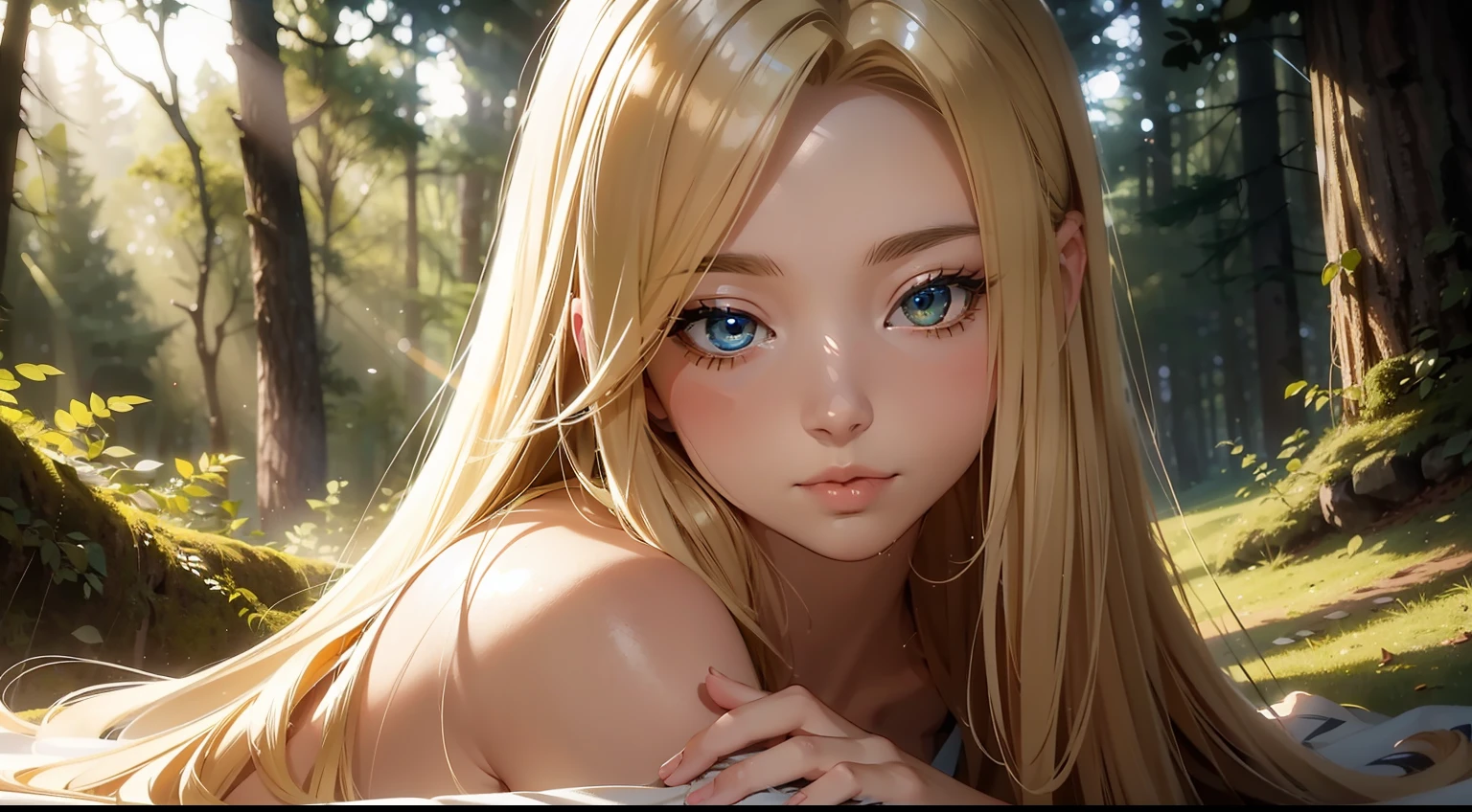 Full body portrait of transcendent sexy beauty with long blonde hair sleeping peacefully in forest、sacredness、Highly detailed background,Realistic,ultra-detailliert,super detailed skin,light glow,Film grain,Expro II,Lens Flare,Sharpen,cinematic shadow, Conversation with chipmunks,