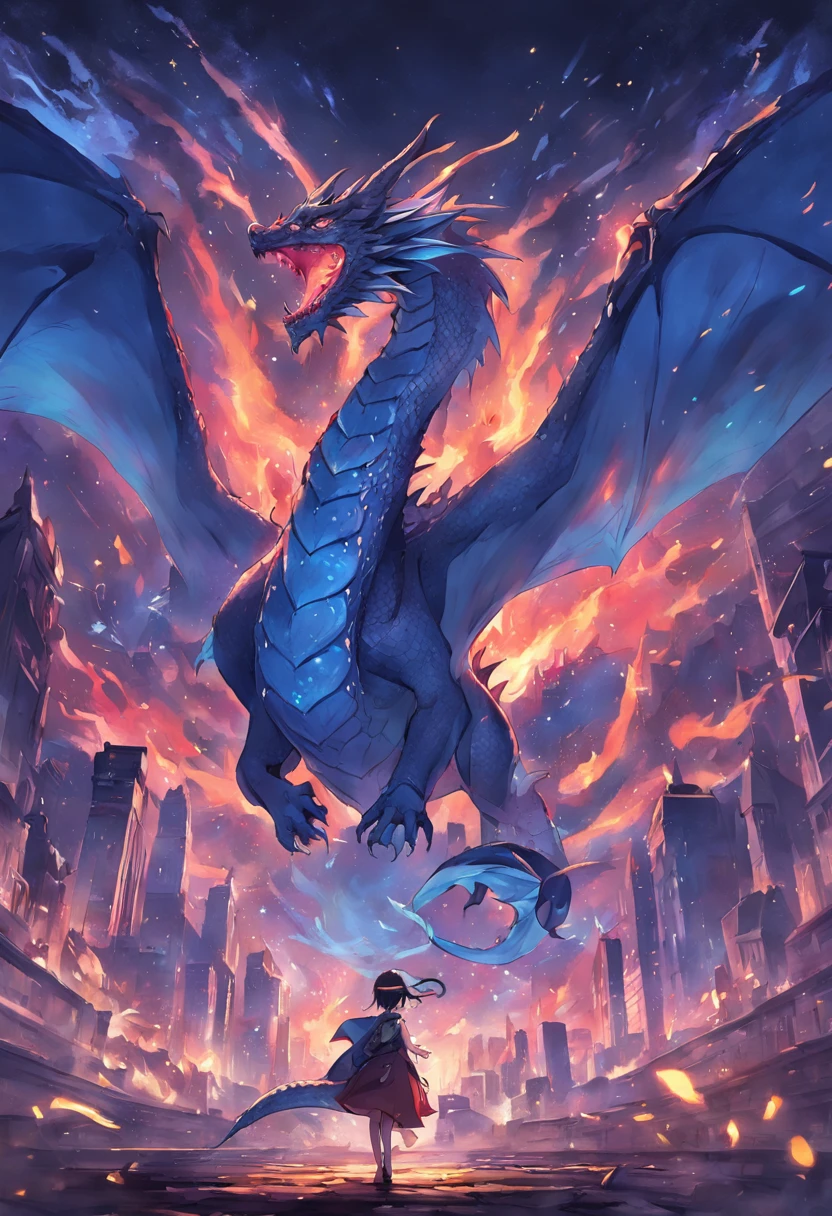 Dragon flying over the burning city、plumaje grande、alto contraste、Luna llena roja、Realistic Dragon、Blue Dragon