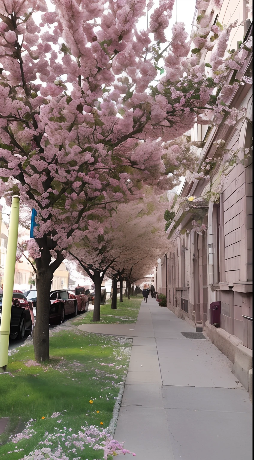 there are many pink flowers on the trees along the sidewalk, spring season city, during spring, streetscape, pink trees, detailed trees in bloom, cherry blosom trees, giant cherry trees, cherry trees, streets of heidelberg, khreschatyk, inspired by Vladimír Vašíček, cherry blossom trees, spring evening, springtime morning