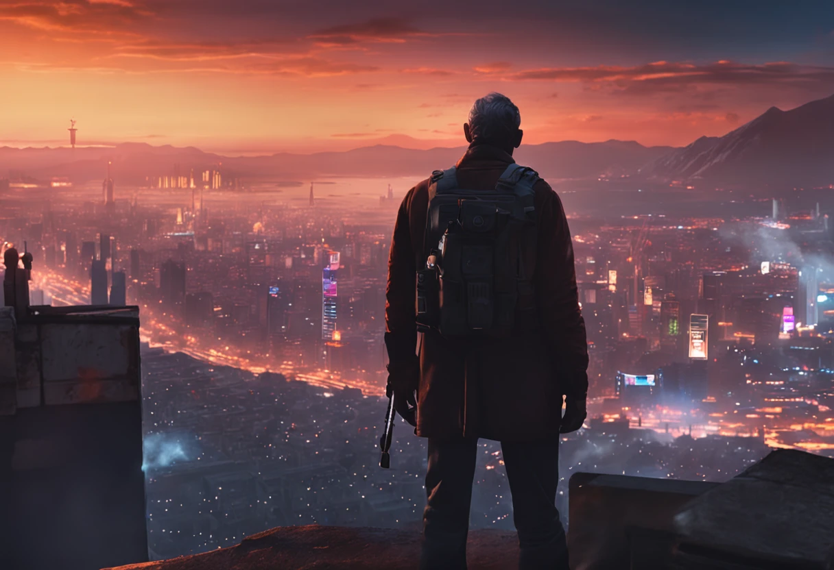 stoic protagonist man overlooking a city. Night view. Lights. Big buildings, cinematic, 4k, epic Steven Spielberg movie still, sharp focus, emitting diodes, smoke, artillery, sparks, racks, system unit, motherboard, by pascal blanche rutkowski repin artstation hyperrealism painting concept art of detailed character design matte painting, 4 k resolution blade runner