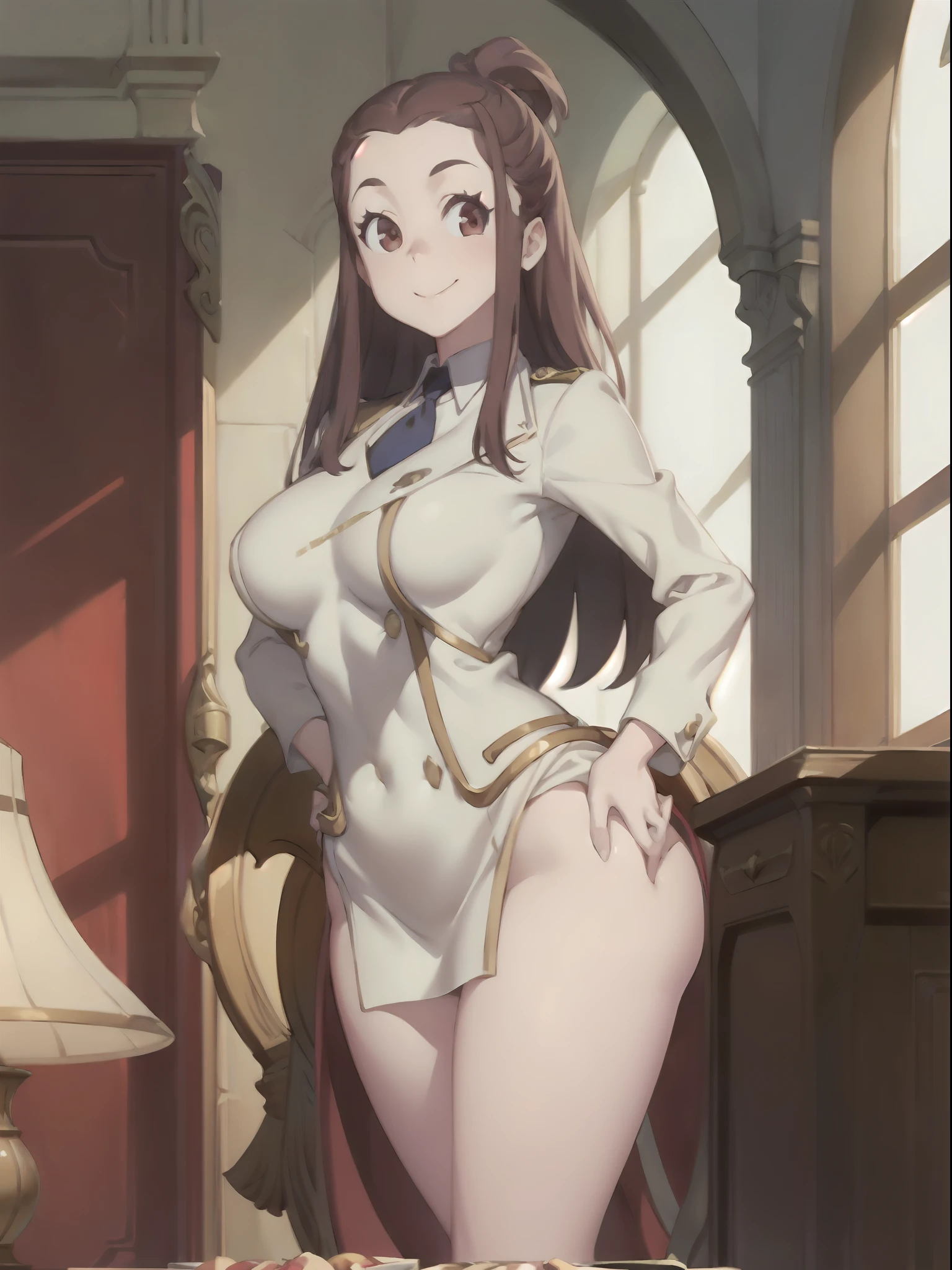 "Kagari Atsuko, a confident and stunning 1girl, stands tall in a WW2 American army uniform. Her beautiful brown eyes sparkle with determination, complementing her stylish brown hair. With a radiant smile and her hand on her hip, she exudes a sense of power and grace. Her voluptuous figure, with fit and toned physique, accentuates her curvaceousness, boasting large breasts and wide hips."