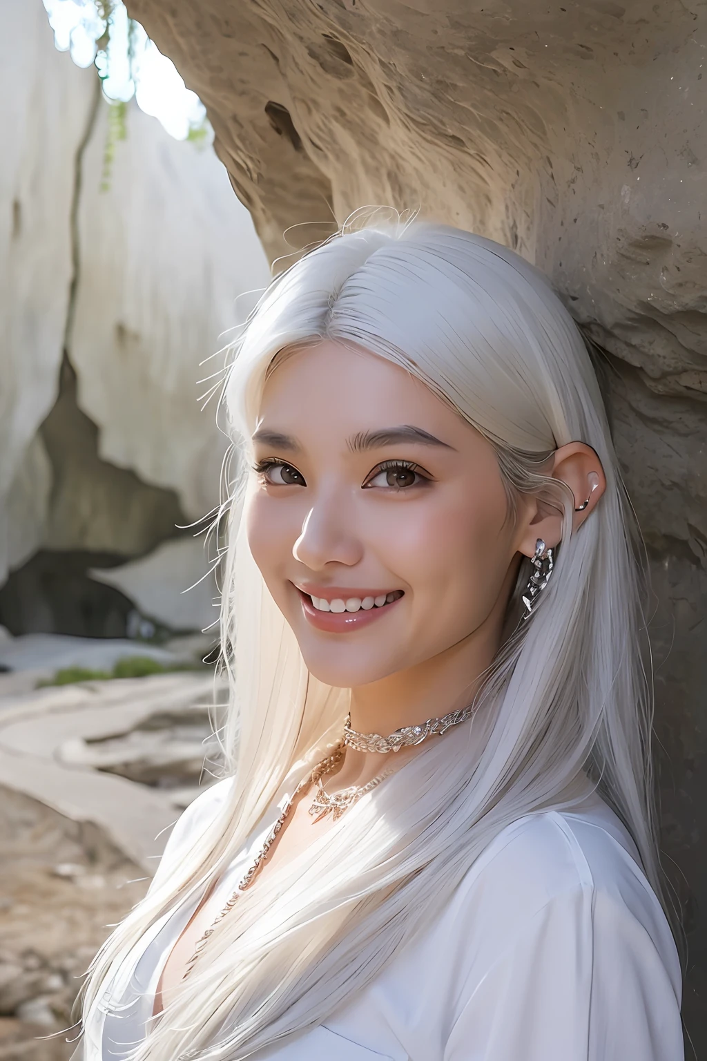 (extra detailed body、extra detailed face、best qualtiy:1.2)、femele、looking at the viewers、(White hair、piercings、a necklace、a smile、17 age)、(Limestone cave in the background:1.4)