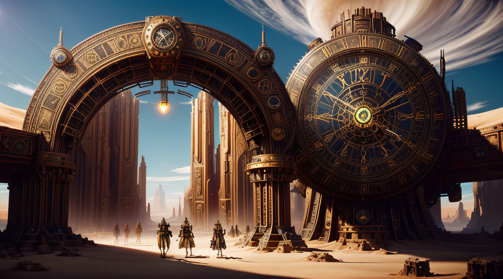 there are people standing in front of a giant clock in the desert, like time portal, 3d rendered steampunk, steampunk fantasy style, epic fantasy sci fi illustration, vivid steampunk concept, steampunk fantasy, sci-fi steampunk, inspired victorian sci - fi, steampunk concept art, set in a steampunk world, detailed steampunk illustration, grimdark steampunk fantasy, colorful sci-fi steampunk