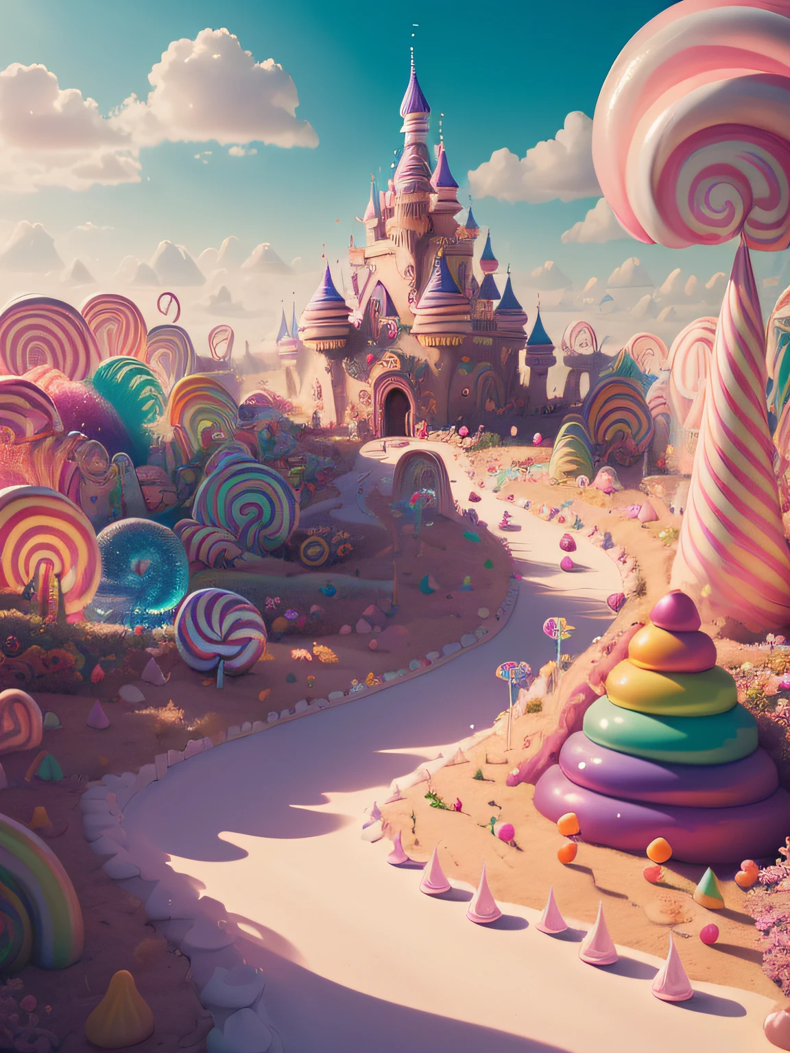 (Masterpiece, best quality:1.3), an (enchanted:1.3) (magical:1.3) (castle), full background, (candyland:1.5), ice cream, no humans, fantasy, rainbow, balloon, sharp focus, colorful, (shiny:1.2), natural lighting, cake, candy, atmosphere, (bloom:0.4), pastel colors,