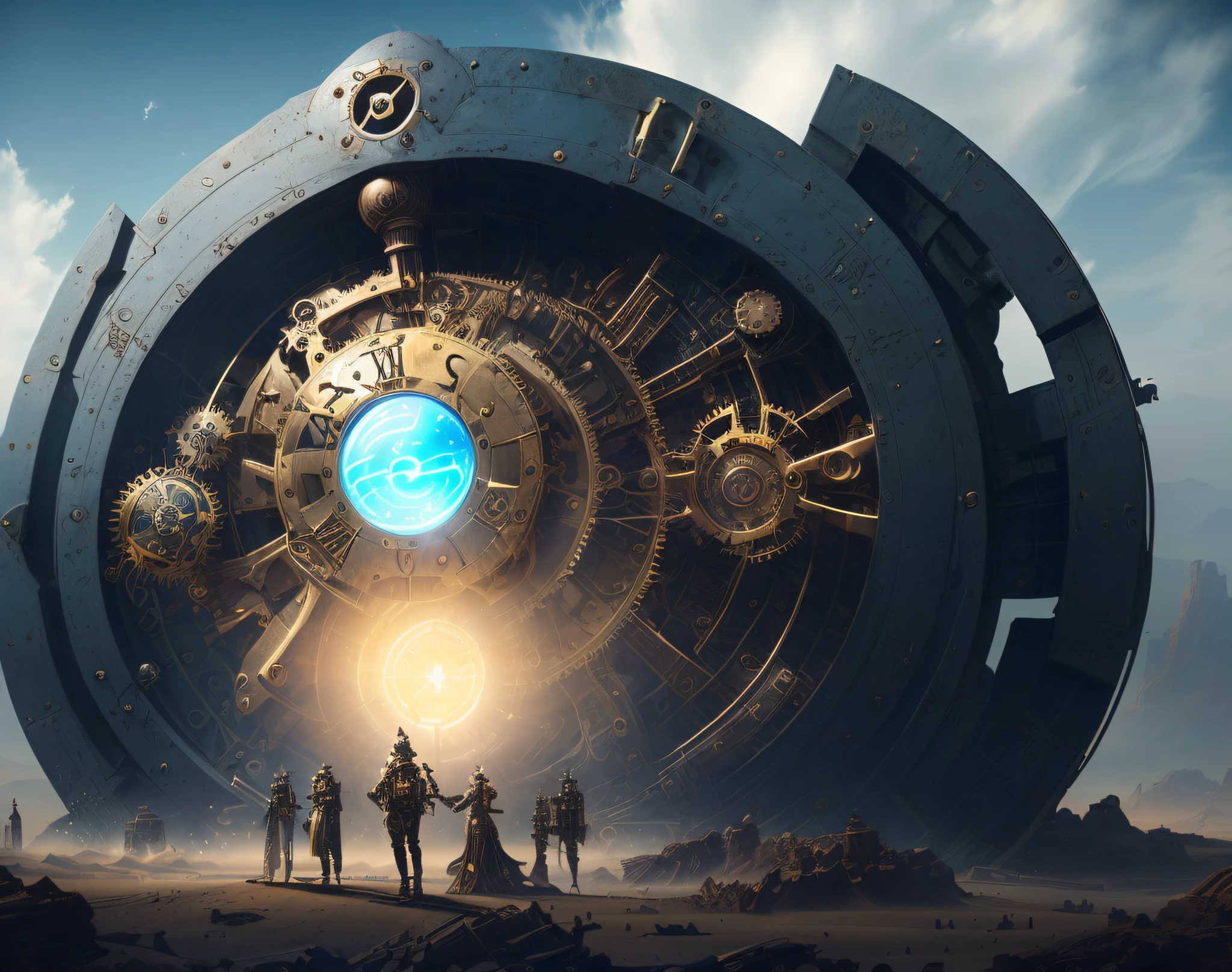 there are people standing in front of a giant clock in the desert, like time portal, 3d rendered steampunk, steampunk fantasy style, epic fantasy sci fi illustration, vivid steampunk concept, steampunk fantasy, sci-fi steampunk, inspired victorian sci - fi, steampunk concept art, set in a steampunk world, detailed steampunk illustration, grimdark steampunk fantasy, colorful sci-fi steampunk