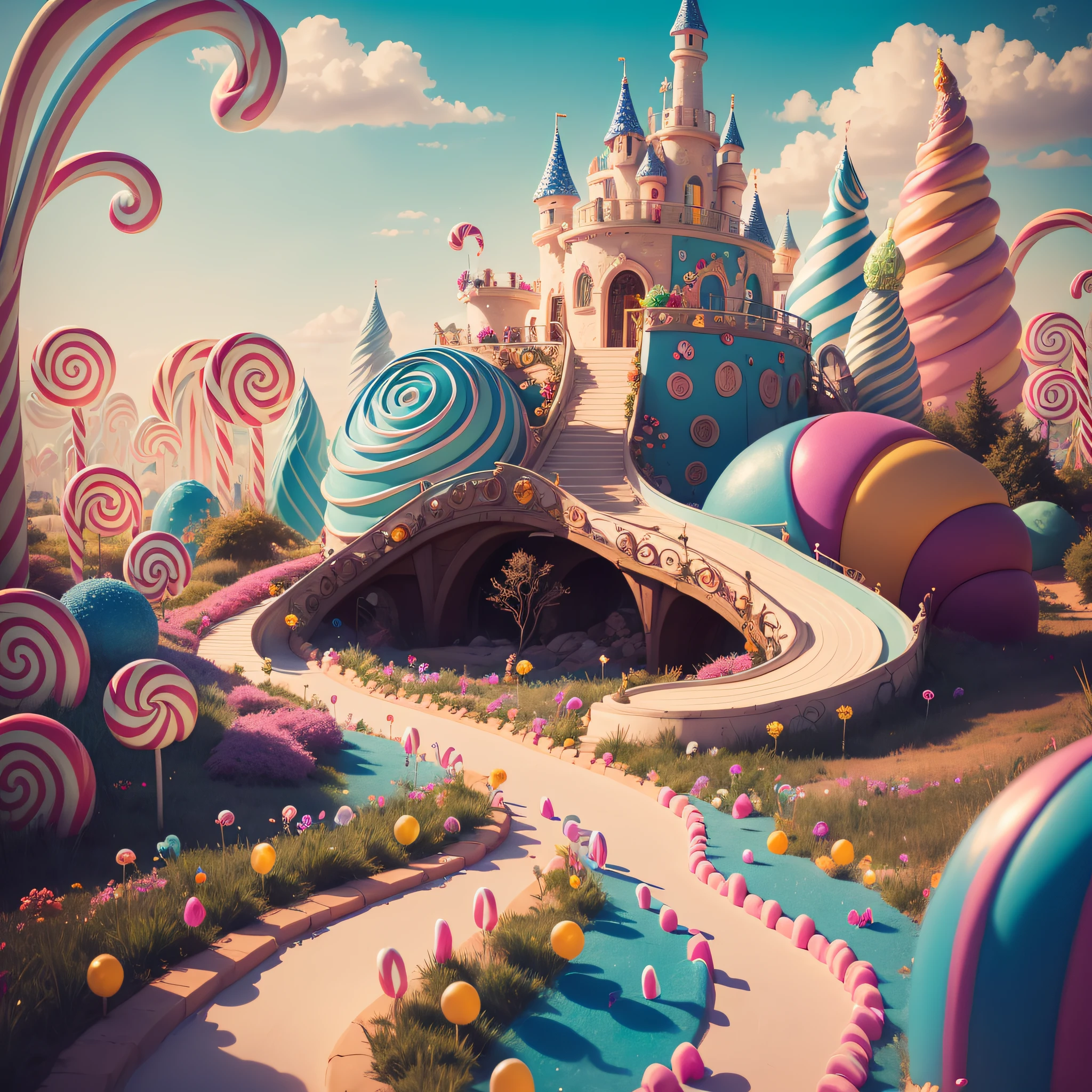 (Masterpiece, best quality:1.3), an (enchanted:1.3) (magical:1.3) (garden), fairy tales, pixar, disney, dreamworks style, surrounded by magic on a dreamlike mountain, rendered in intricate detail in a digital painting with sharp focus, inspired by fairy tales and animated movies from pixar, Disney, and dreamworks, (candyland:1.5), ice cream, no humans, fantasy, rainbow, balloon, sharp focus, (depth of field), colorful, (shiny:1.2), natural lighting, cake, candy, atmosphere, (bloom:0.4), pastel colors,