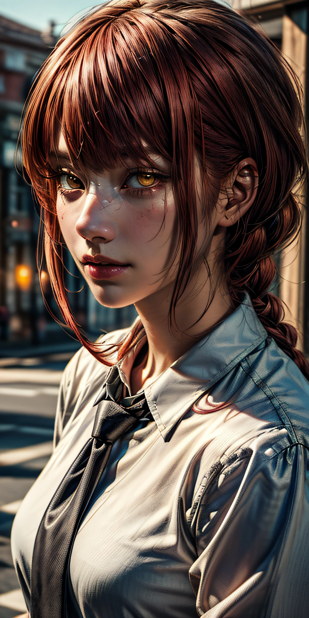 masterpiece, (photorealistic:1.4), best quality, beautiful lighting, makima \(chainsaw man\), (((red hair:1.3)+(long braided hair)+(bangs))), yellow eyes, golden eyes, (ringed eyes), (white shirt), (necktie),Prepare to be amazed by the astonishing level of detail in this ultra-realistic 10k high resolution artwork, where the fusion of Digital Painting, Anime Art, (masterpiece: 1.5) (photorealistic: 1.1) (bokeh) (best quality) (detailed skin texture pores hair: 1.1) (intricate) (8k) (HDR) (wallpaper) (cinematic lighting) (sharp focus )