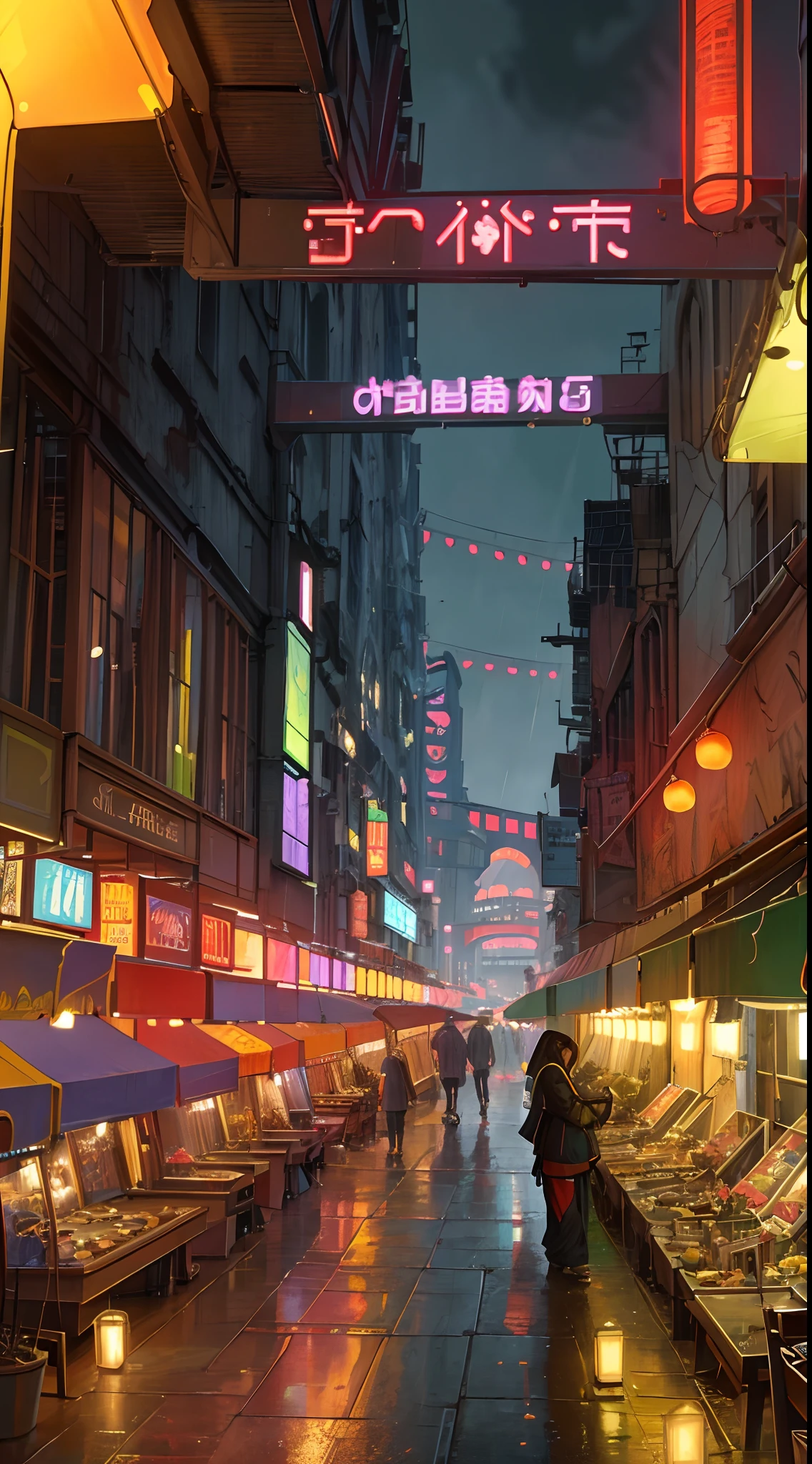 ((masterpiece)),((best quality)),((high detail)),((realistic,)) Futurist era city, architectural streets, bazaars, futuristic train lines, cyberpunk, buildings, night, European city, rainy, neon