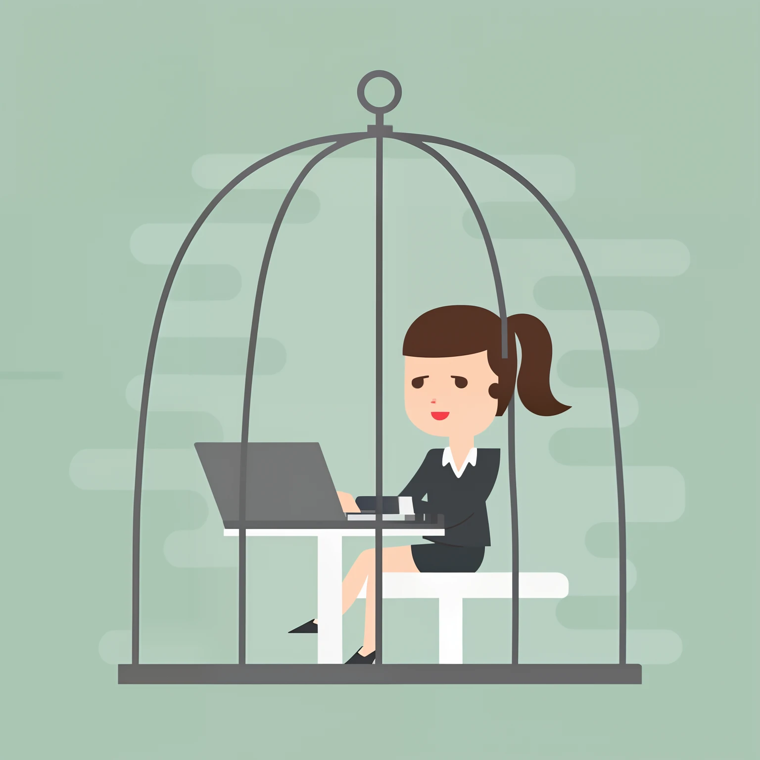 a woman sitting in a cage working on a laptop, Seguro para o trabalho, The woman is behind bars, ego preso, Retrato Amplo, sentada na mesa no teclado, jaula, advogada, sitting at desk, sad and alone.