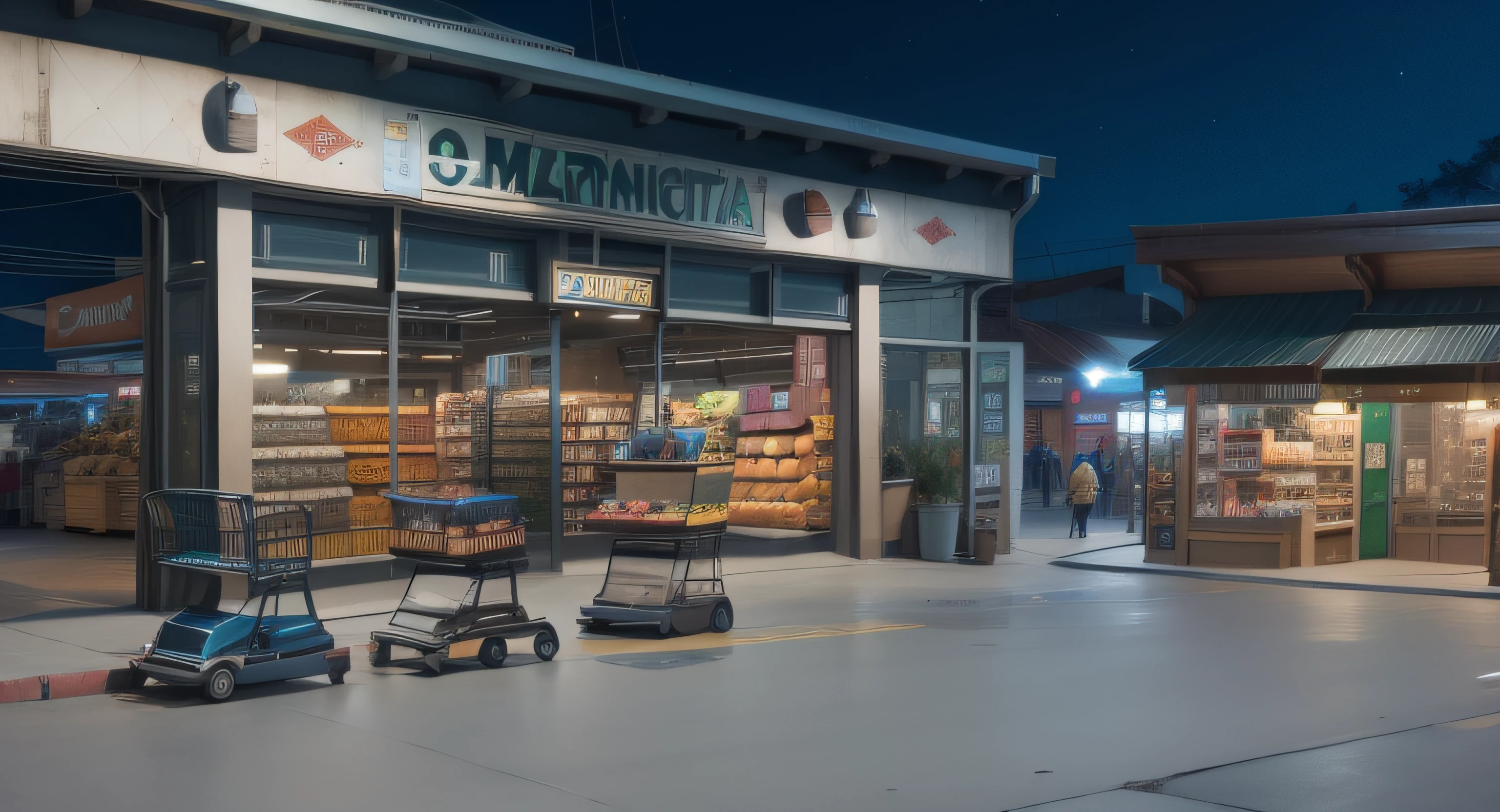 lojas, mercados, externa, noite, carrinhos de compra, Kinematic, urbano