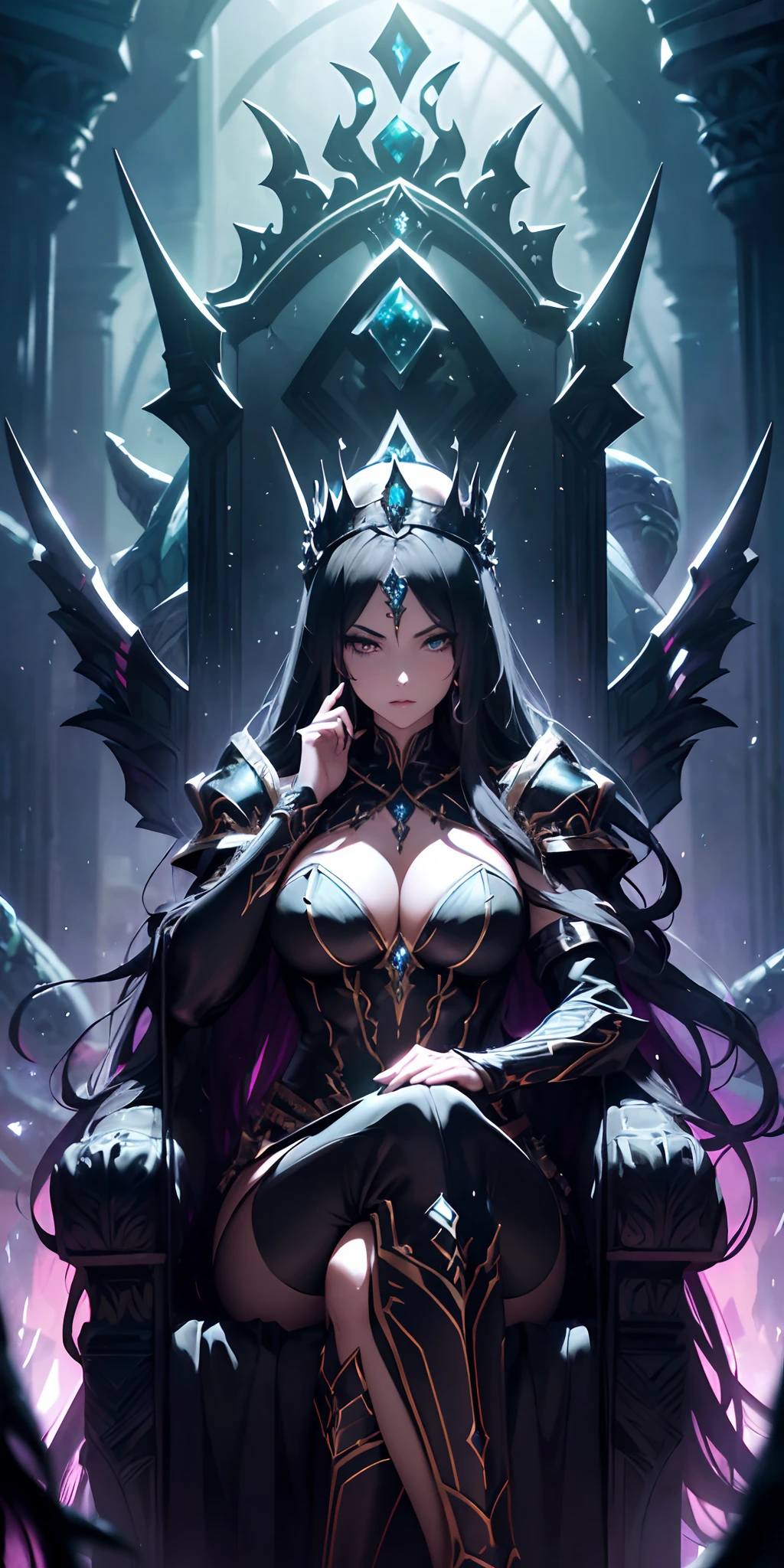 (extraordinary,Cinematic Quality,high resolution, masterpiece), a sexy and powerful fantasy queen in a mythical world, with (long flowing hair,]sleek black armor),(fierce gaze),(crown adorned with precious gemstones), (serpentine throne),(mystical and enchanting backdrop),(heavy volumetric light),(best illumination),(unique color presets),(fantastical creatures lurking in the background).