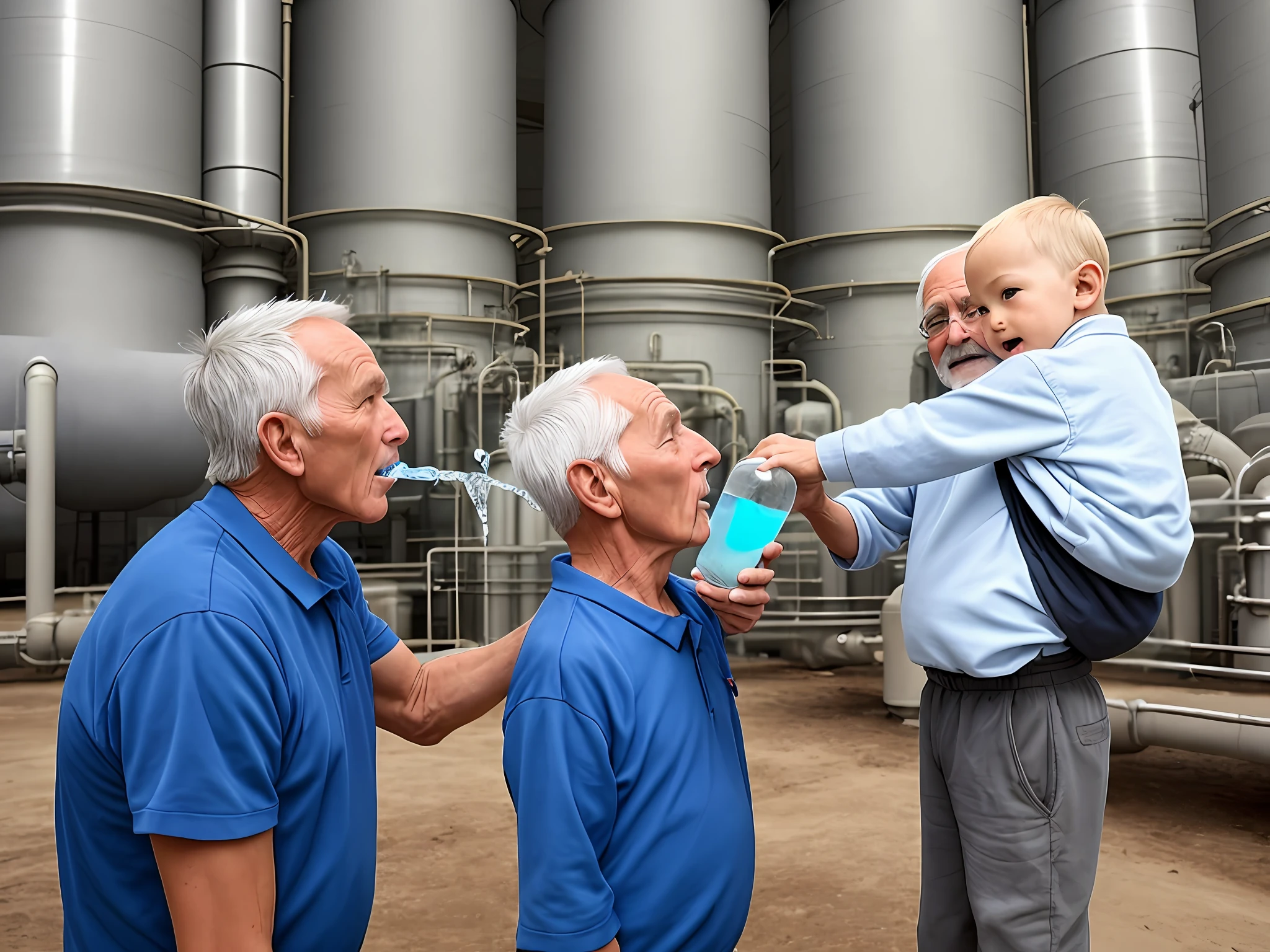 Old man forcing children to drink water from a broken nuclear power plant