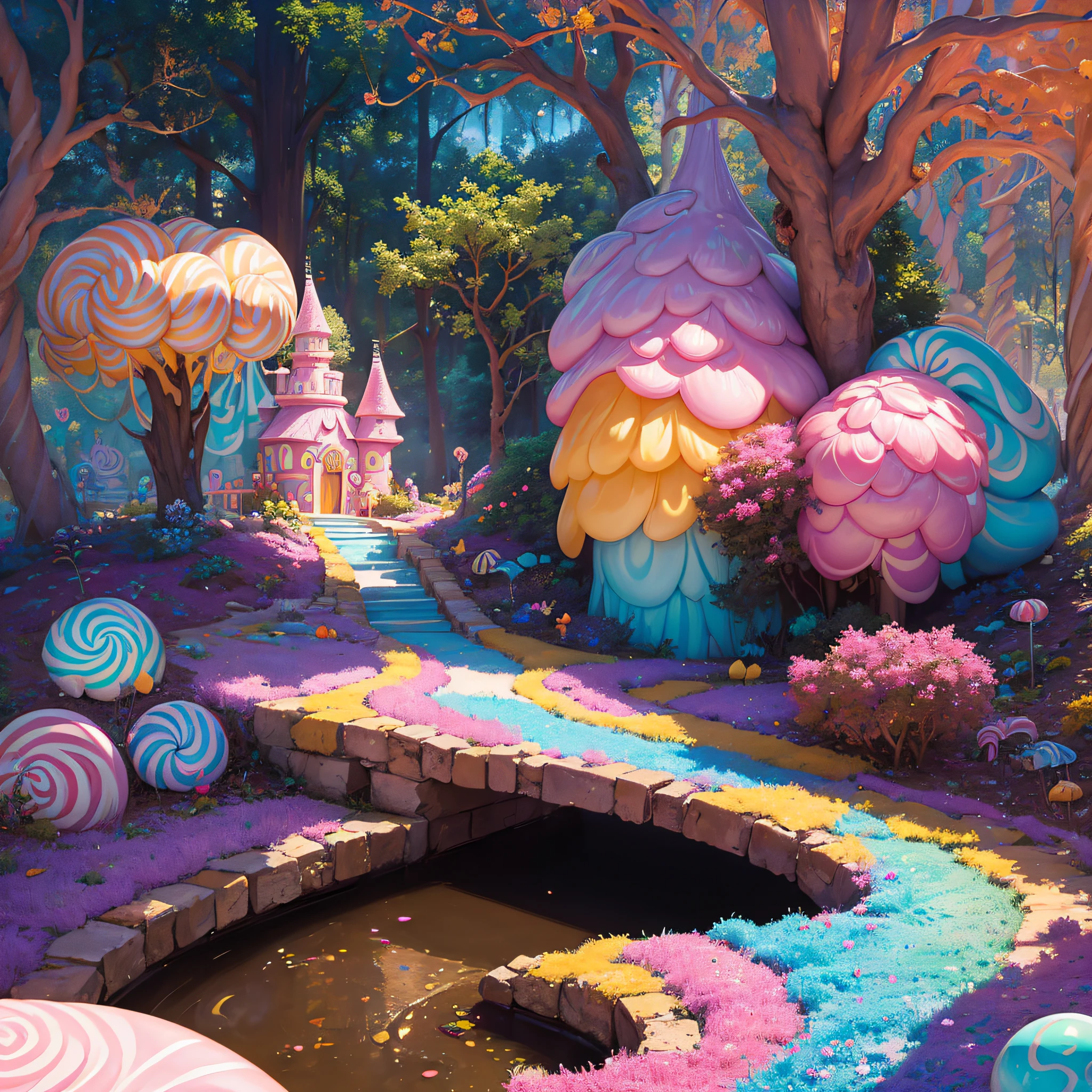 (Masterpiece, best quality:1.3), an (enchanted:1.3) (magical:1.3) (garden), fairy tales, pixar, disney, dreamworks style, surrounded by magic on a dreamlike mountain, rendered in intricate detail in a digital painting with sharp focus, inspired by fairy tales and animated movies from pixar, Disney, and dreamworks, (candyland:1.5), ice cream, no humans, fantasy, rainbow, balloon, sharp focus, (depth of field), colorful, (shiny:1.2), natural lighting, cake, candy, atmosphere, (bloom:0.4), pastel colors,