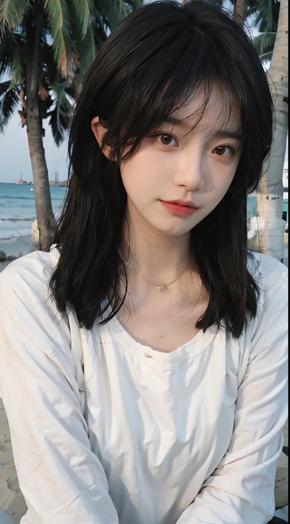 best qualtiy， 超高分辨率， （realisticlying：1.4），cute hairpin，1girll，Air bangs，with long coiled hair,Quartered sweater ，Blushlush，Beautiful woman with a slim figure:1.4, Pronounced abs，On the sandy beach,Ultra-fine face，Elaborate Eyes，二重まぶた，choker necklace