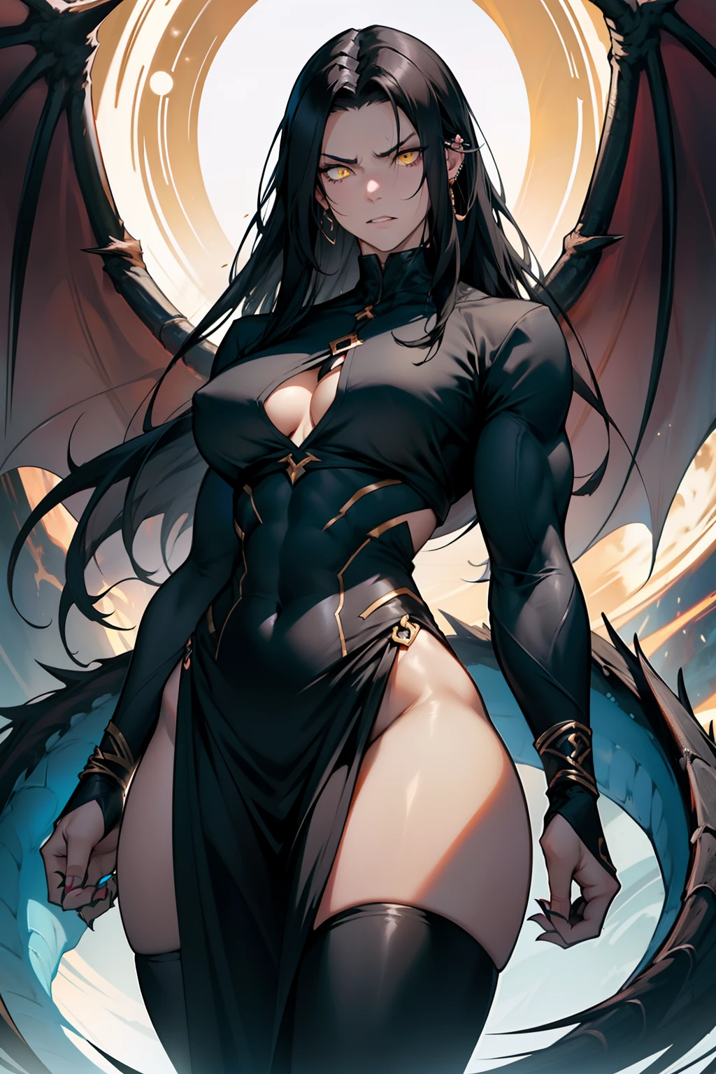 pt:
"long black hair flowing down, piercing yellow eyes, fair skin radiating a pale glow, toned muscles displaying strength, ample bosom, shapely thick thighs, intense anger reflected in her expression, standing tall and fierce beside a majestic black dragon, the embodiment of power and mystery, solitary and captivating."