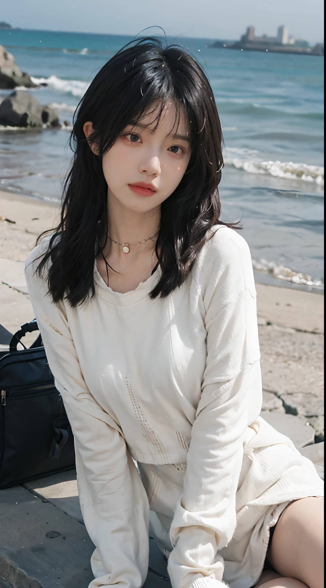 best qualtiy， 超高分辨率， （realisticlying：1.4），cute hairpin，1girll，Air bangs，with long coiled hair,Quartered sweater ，Blushlush，Beautiful woman with a slim figure:1.4, Pronounced abs，On the sandy beach,Ultra-fine face，Elaborate Eyes，二重まぶた，choker necklace