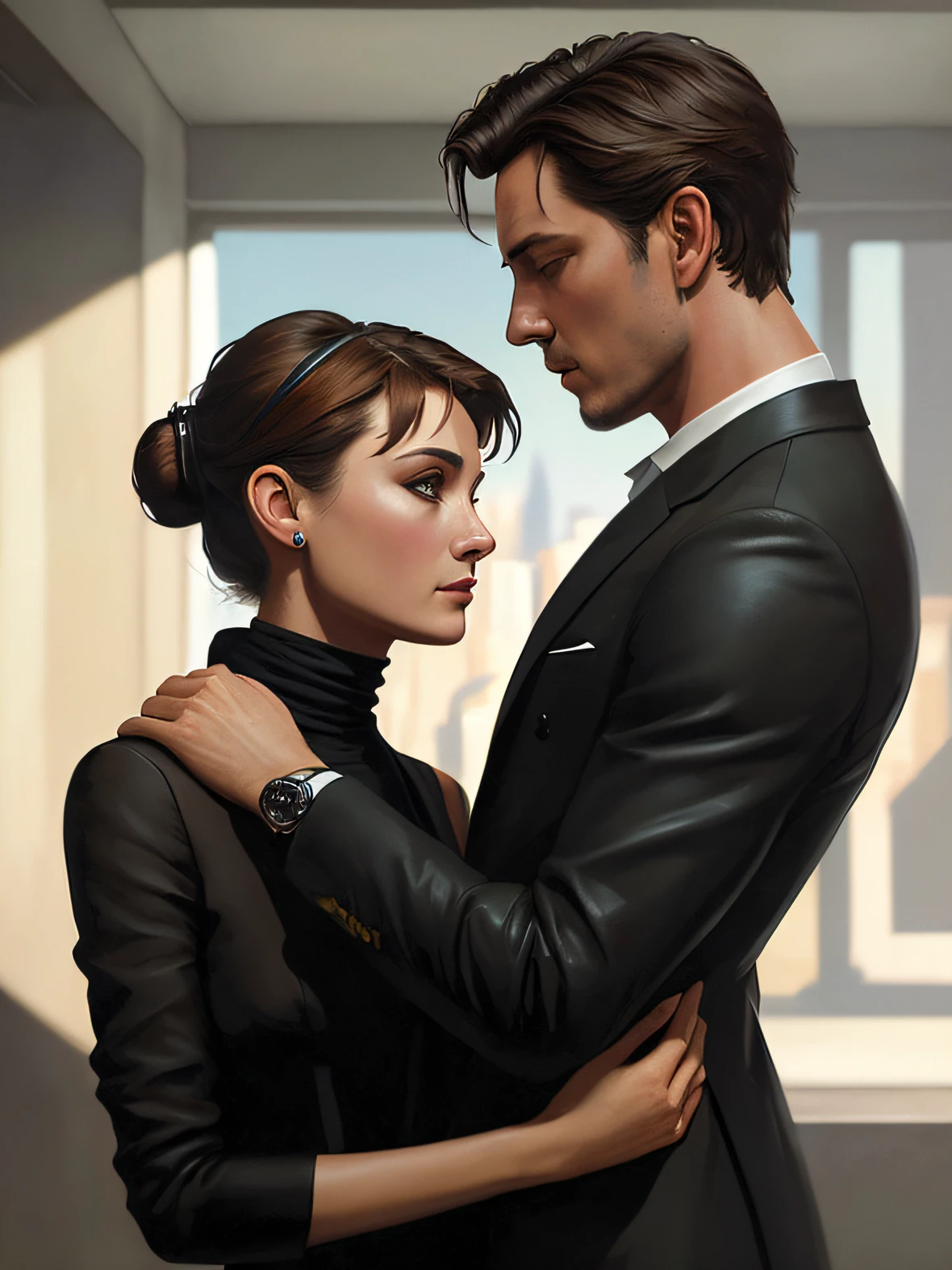 Alain Delon and Audrey Hepburn hugged and looked at each other, efeito VHS, (poster: 1.2), ( roupa elegante: 1.2), (corpo inteiro), (Postmodern Fashion Style), (Cyberpunk), poster on the wall, nostalgia, Poster do filme O Eclipse,, (textura da pele), intricadamente detalhado, detalhes finos, hiperdetalhado, ray tracing, subsurface dispersion, lighting soft fuzzy, profundidade de campo rasa , por (Clima Oliver) majestic professional oil painting by Ed Blinkey, Atey Ghailan, ghibli studio, de Jeremy Mann, Greg Manxadinho, Antonio Moro, trending in the artstation, trend at CGSociety, intrincado, alto detalhe, foco nítido, dramatic and photorealistic painting art of (Greg Rutkowski:1.4), Bokeh,