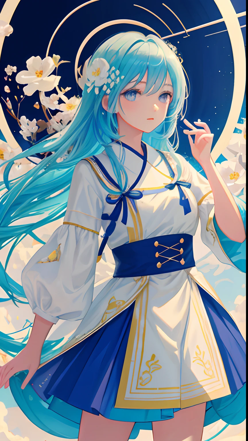 (masterpiece), (best quality), (ultra detailed),(disheed hair),(illustration), (1girl), (Fashionable clothing), standing, Fashion model, looking at viewer, (interview), (simple background), beautiful and delicate eyes, delicate and beautiful face, floating, (high saturation), (colorful splash), colorful bubbles, (shine), focus on the face, Ayaka Kamisato, light blue hair, bangs, hair circles, floating flowers, floating hair. girl, anime waifu, looking at viewer, highly detailed, reflections transparent iridescent colors, long transparent iridescent RGB hair, artby Serafleur from artstation, thick acrylic, illustration on pixiv, Waist up portrait, gorgeous saint, best quality, super detailed, sad, intelligent, pretty face, character style rendered by Octane,