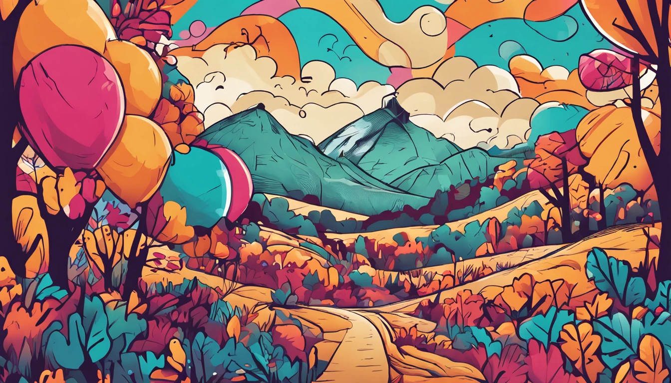 (Child and bird flying in the sky, abaixo uma floresta de doces, rios de tintas, Balloon Mountains, in the distance funny creatures of various colors, estilo cartoon)