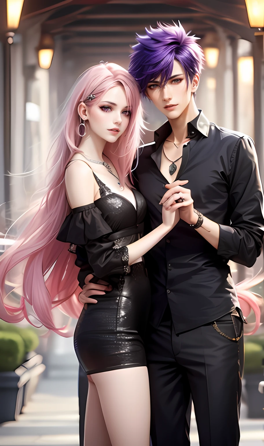 ​masterpiece, top-quality, 2Others, Male and female couples, 1 man and 1,, Adults, Height difference, different color, finely eye and detailed face, intricate detailes, Casual clothing, window, A smile, Happiness, tenderness, husband and wife, high-level image quality、 selfee, Beautiful men and women、tall、The upper part of the body、nightfall、Hand in hand, nighttime scene、𝓡𝓸𝓶𝓪𝓷𝓽𝓲𝓬、Korea person, Idol Photos, k pop, Professional Photos, Vampires, Korean fashion in black and white, Fedoman with necklace, inspired by Sim Sa-jeong, androgynous vampire, :9 detailed face: 8, extra detailed face, detailed punk hair, ((eyes are brown)) baggy eyes, Seductive. Highly detailed, semi realistic anime, Vampires, hyperrealistic teen, delicate androgynous prince, imvu, short hair above the ears, ((Man with short hair)), ((Woman with long hair)), With a purple-haired man with a wild expression, Pink hair woman with gentle expression, ((With a short-haired man with bright purple hair)), ((Woman with long pink hair below waist))