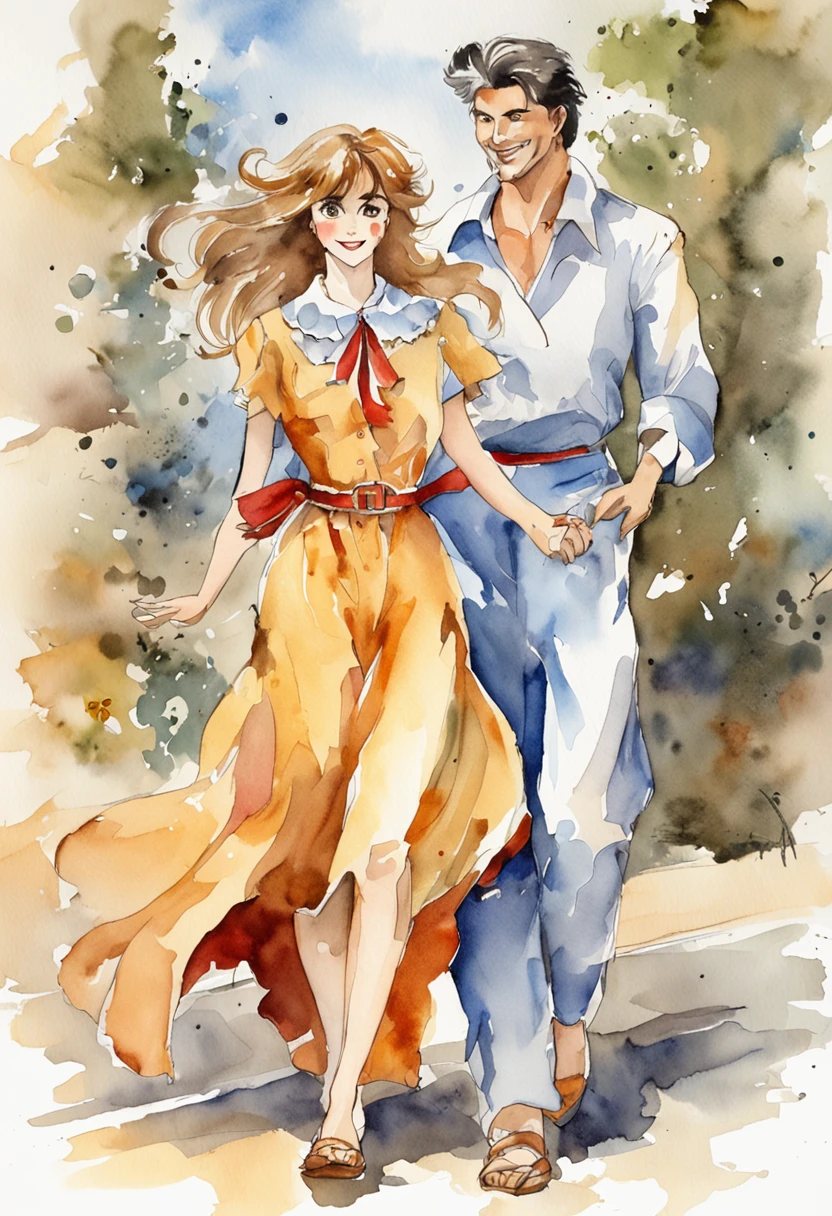 [hombre y mujer retro], Anime antiguo, 1980s \(estilo\), 1990's \(estilo\), acuarela \(Medio\), , ((La mejor calidad)), ((pieza maestra)), [detallado], [Imagen de anime y manga], [fascinante], Una pareja feliz corriendo en la playa