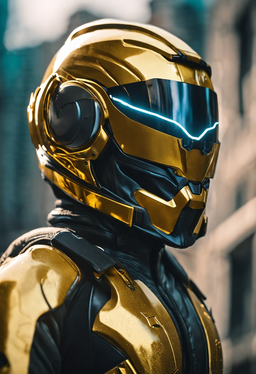 Closeup of a baby wearing gleaming golden helmet, olhos azuis, olhos cobertos, reflective surface on helmet, ((cyberhelmet:1.2 scifi)), Futuristic, cyberwave, fundo cyberpunk 2077, mega cidade, neo cyber world, cinemactic, Contrata, 4k, detalhes intrincados, Grain, side view