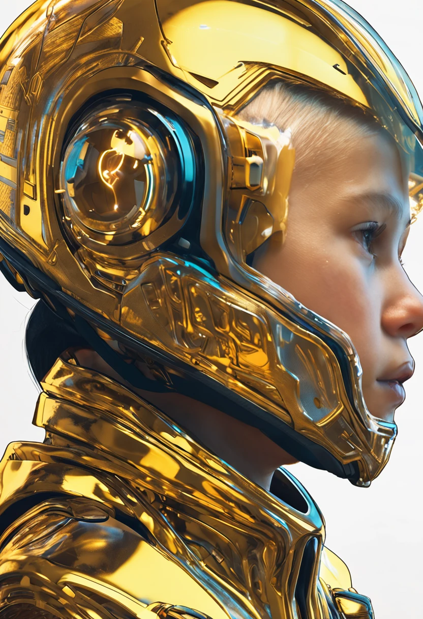 Closeup of a wearing gleaming golden helmet, olhos azuis, olhos cobertos, reflective surface on helmet, ((cyberhelmet:1.2 scifi)), Futuristic, cyberwave, fundo cyberpunk 2077, mega cidade, neo cyber world, cinemactic, Contrata, 4k, detalhes intrincados, Grain, side view