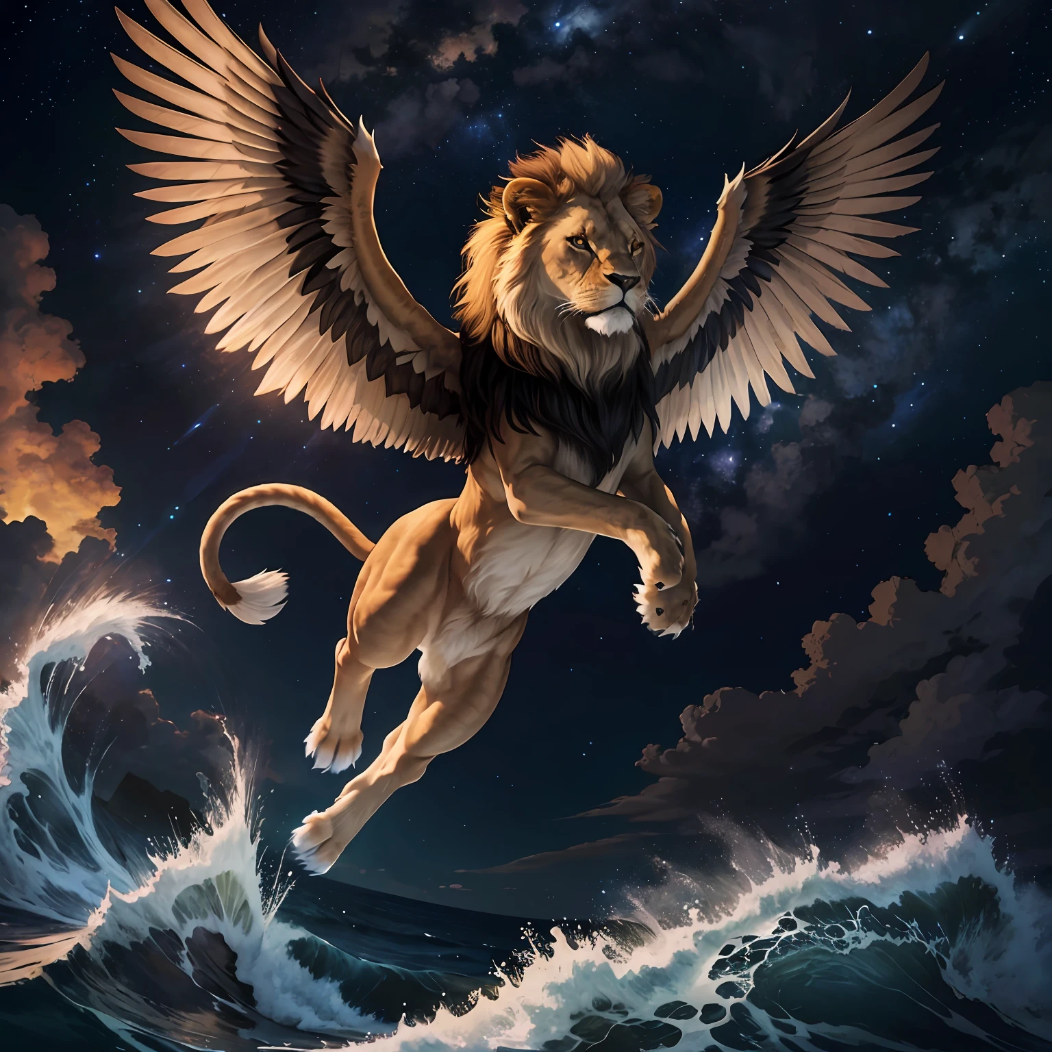 night  sky, lion with two wings, imagem ultra realista, rica em detalhes, imagem de fundo se assemelha a um grande mar