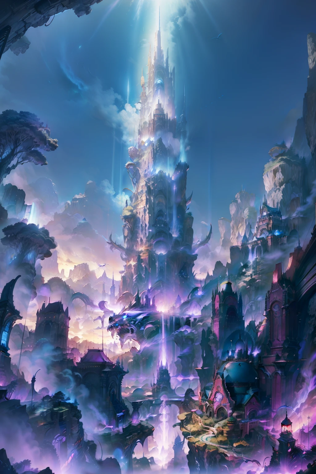 The view from above of a city of wizards with magic, durante a noite, no meio dessa cidade existe uma enorme arvore, vivid color, master part, melhor qualidade, fotorrealista, high resolution, luz realista, disco Rigido, alta resolução, 16k, Hard disk, Uhard drive background, Fundo ultraclaro, Antecedentes detalhados, Fundos realistas, sombras realistas,