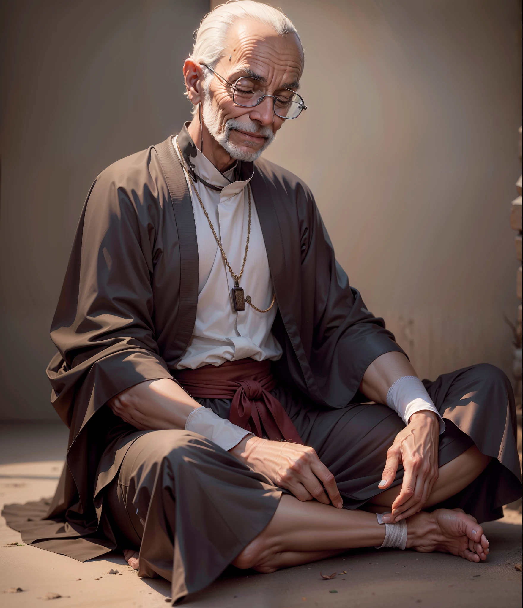 velho monge meditando, sorrindo,  4k.