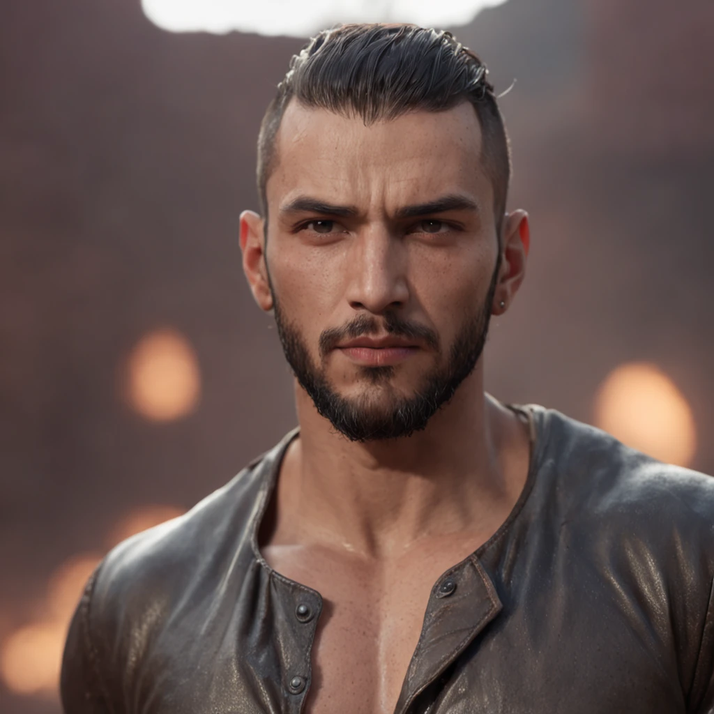 (Professional 3D rendering:1.3), (Realistic:1.3), Features soft, bright male, sexy Moroccan man, ((Epic fantasy rough muscular man wet look, short beard and fierce expression in dynamic pose, fantastic location, majestic ambient)), 8k, action shot, very dark lighting, (vibrant, photo realistic, Dramatic, (Old leather clothes damaged by bad weather:1.4), (intricate:1.4), rendering by octane, art stations, (Loish:0.23), (global illumination, studio light, Light Volumetric), floating particles,