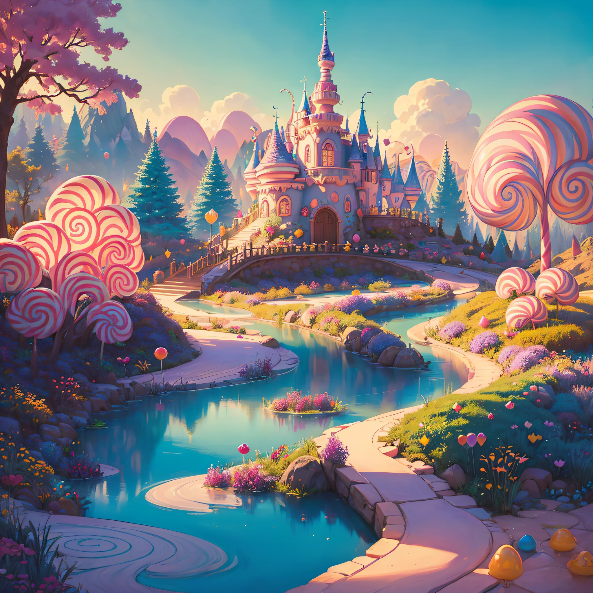 (Masterpiece, best quality:1.3), an (enchanted:1.3) (magical:1.3) (garden), fairy tales, pixar, disney, dreamworks style, surrounded by magic on a dreamlike mountain, rendered in intricate detail in a digital painting with sharp focus, inspired by fairy tales and animated movies from pixar, Disney, and dreamworks, (candyland:1.5), ice cream, no humans, fantasy, rainbow, balloon, sharp focus, (depth of field), colorful, (shiny:1.2), natural lighting, cake, candy, atmosphere, (bloom:0.4), pastel colors, Pink Forest，Candy World，Lollipop trees，wide wide shot，Exceptional lighting effects，Candy Peak，Cream clouds，Marshmallow clouds，Juice river，Blue sky, (Masterpiece, best quality:1.3), an (enchanted:1.3) (magical:1.3) (garden), fairy tales, pixar, disney, dreamworks style, surrounded by magic on a dreamlike mountain, rendered in intricate detail in a digital painting with sharp focus, inspired by fairy tales and animated movies from pixar, Disney, and dreamworks, (candyland:1.5), ice cream, no humans, fantasy, rainbow, balloon, sharp focus, (depth of field), colorful, (shiny:1.2), natural lighting, cake, candy, atmosphere, (bloom:0.4), pastel colors, Pastel Cartoon-style palace, roses and rubys, magical elements, mobile game, forest and plants, ethereal, a touch of magical elements, outlines of animals, (Masterpiece, best quality:1.3), an (enchanted:1.3) (magical:1.3) (castle), full background, (candyland:1.5), ice cream, no humans, fantasy, rainbow, balloon, sharp focus, colorful, (shiny:1.2), natural lighting, cake, candy, atmosphere, (bloom:0.4), pastel colors,