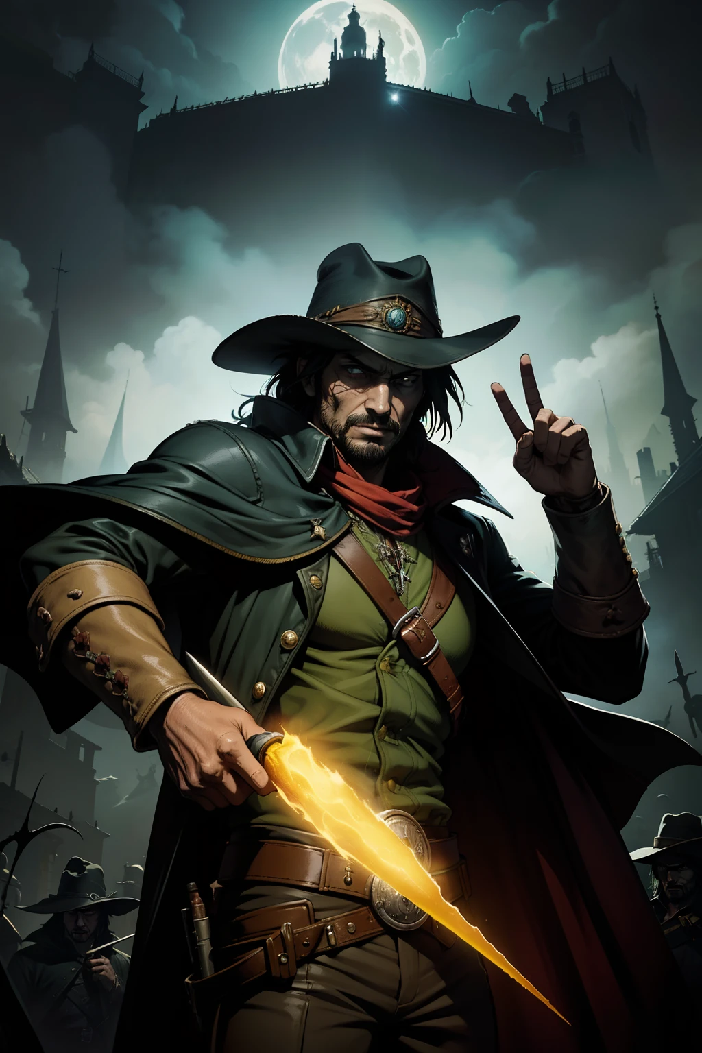 pintura de um homem, olhos abertos, olhos verdes esmeralda, olhos detalhados Escuro, plano de fundo Van Helsing, estilo Van Helsing, Van Helsing, tomado,o realista Solomon Kane, as a solomon kane, portrait of a bloodborne hunter, Tim Bradstreet, Arte Sangrenta, oeste estranho, Jessé McCree, Directed by: Hiroyuki Tajima, terras mortas, Pistoleiro, Fazer software, Directed by: Yoshihiko Wada, Leiji Matsumoto, Estilo de arte Red Dead Redemption