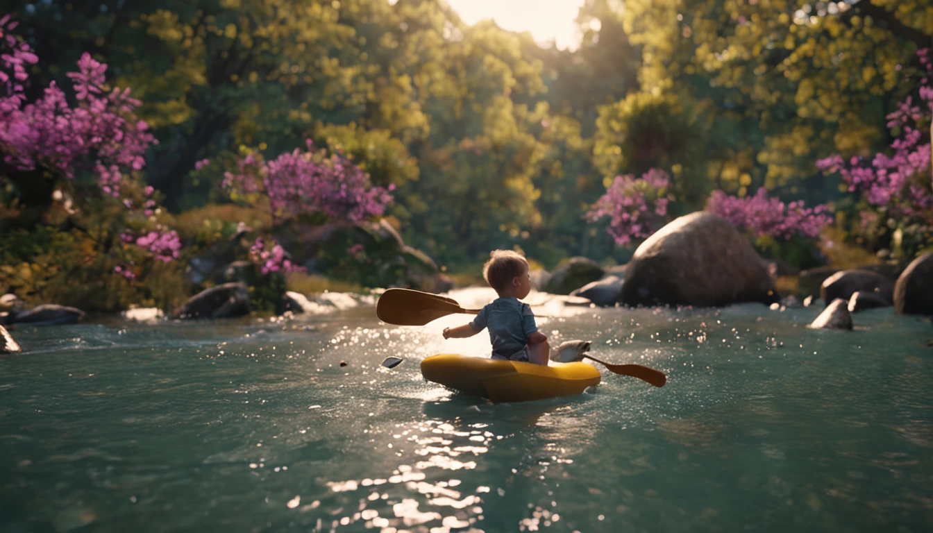 "Child flying in the sky over a sweet river, rodeada por uma floresta vibrante e exuberante."