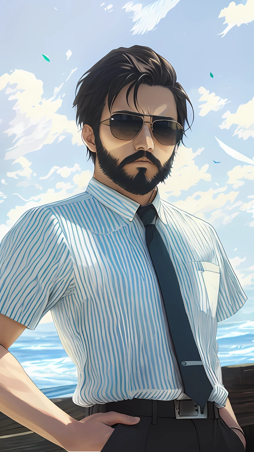 there is a man with a beard and sunglasses standing by the water, kentaro miura art style, makoto shinkai ( apex legends ), highly detailed exquisite fanart, kentaro miura art, kentaro miura manga art style, high quality portrait, detailed character portrait, tony sart highly detailed, official character art, detailed fanart, full-body character portrait, 8k ,UHD