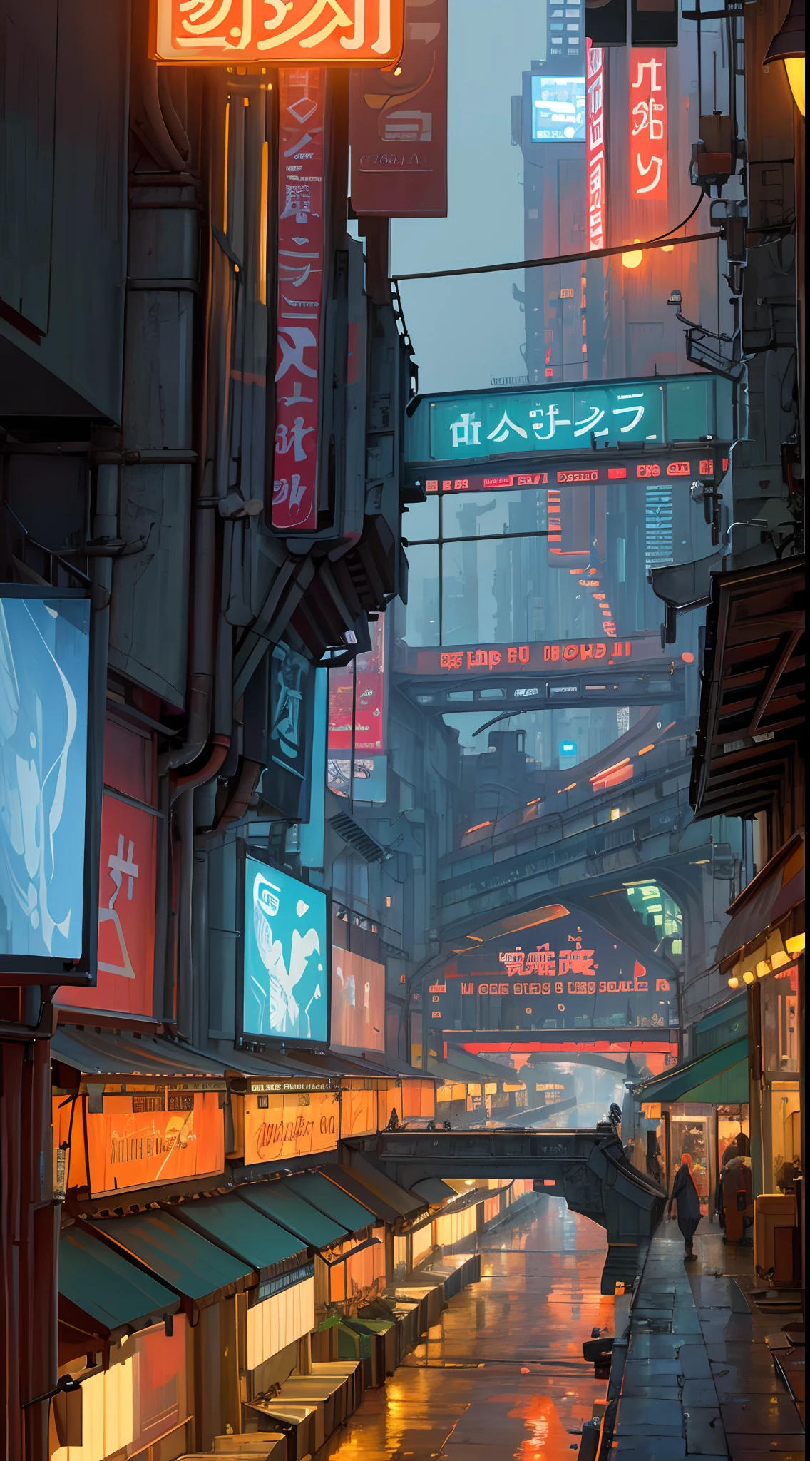 ((masterpiece)),((best quality)),((high detail)),((realistic,)) Futurist era city, architectural streets, bazaars, futuristic train lines, cyberpunk, buildings, night, European city, rainy, neon