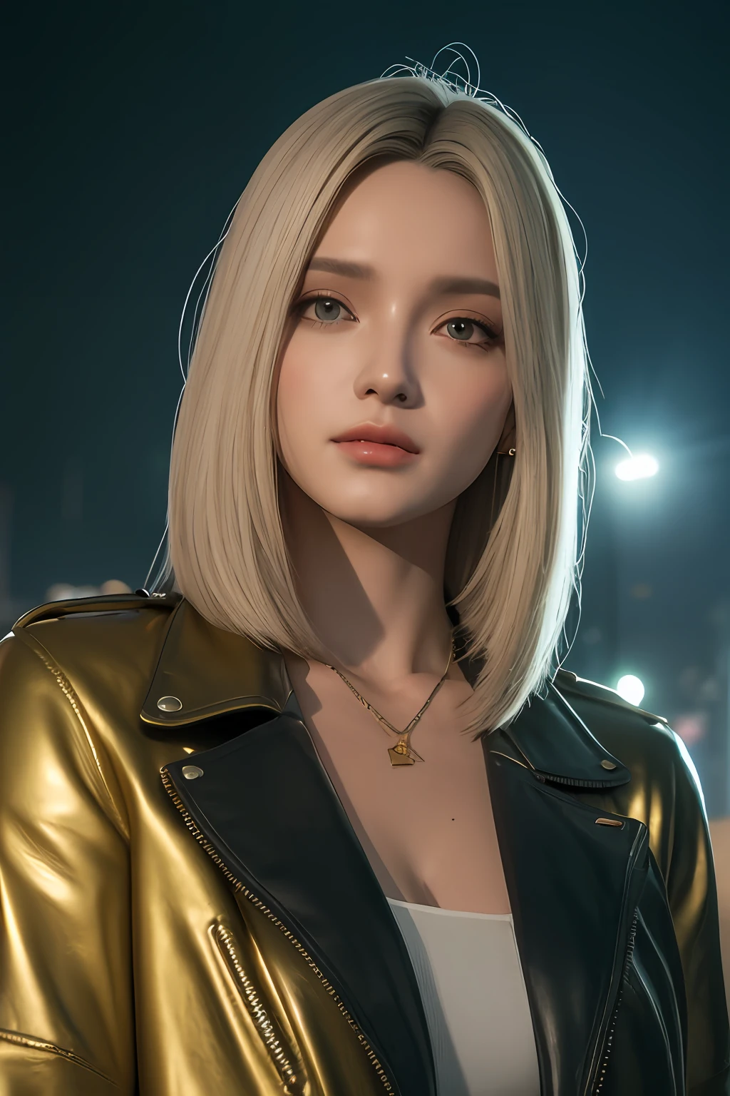 ((realistic lighting, melhor qualidade, 8k, tmasterpiece:1.3)), foco nítido:1.2, 1 cinta, Mulheres bonitas com figura perfeita:1.4, abdominais finos:1.1, ((cabelos castanhos escuros)), (tampo de corte branco:1.4),(Ao ar livre,durante a noite:1.1),a rua da cidade,rosto ultrafino,Olhos Finos,Double eyelidm,Fundo bokeh,Translucent clothes Portrait of gldot as a beautiful female model, georgia fowler, rosto lindo, cabelo castanho escuro curto, In the Cyberpunk City at Night. She's wearing a leather jacket, jeans preto, lighting dramatic, (police badge: 1.2) A closeup of a golden statue of a woman with blue eyes, art nouveau octane render, escultura feita de ouro, Art Nouveau hiperrealista, intrincado estilo cgi anime ornamentado, Retrato da deusa 3D, baroque vaporwave statue, Rosto detalhado ), deusa. Detalhes extremamente altos, ouro realista, Arte 3D digital detalhada, alto detalhe do rosto, escultura realista de 8k bernini