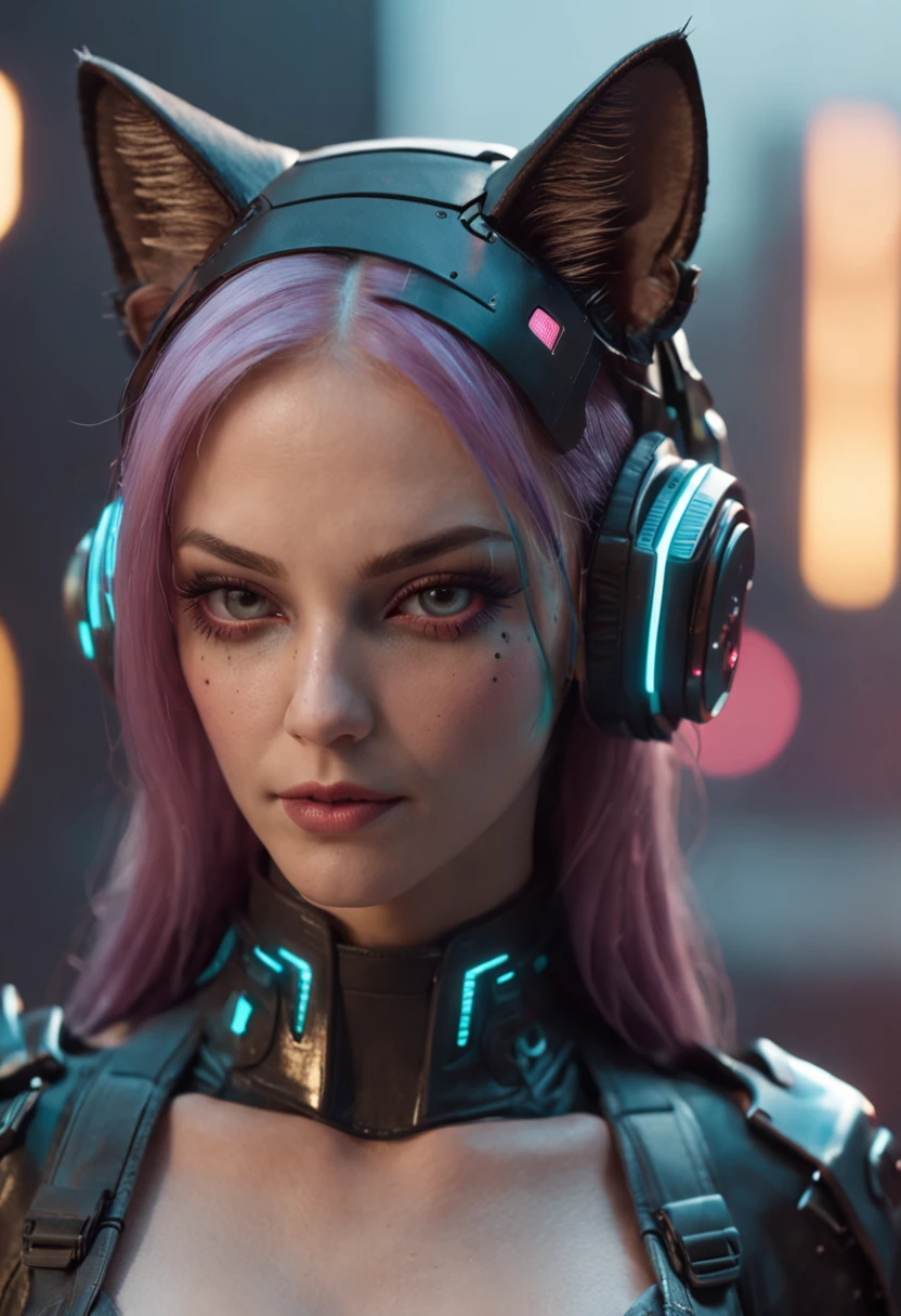 Beautiful cyberpunk model dressed as futuristic kitten, cyberwave, fundo cyberpunk 2077, mega cidade, neo cyber world, cinemactic, Contrata, 4k, detalhes intrincados, Grain,