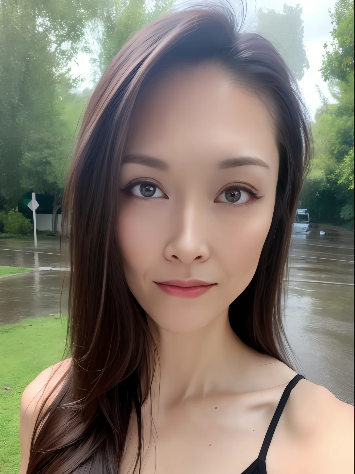(Best quality, 4k, Masterpiece :1.3), pretty woman, 1girl, (breasts, attractive body :1.2), abs :1.1, dark brown hair: 1.1, (rainy wet, wet from rain, wet body :1.2), ultra-detailed face, detailed lips, detailed eyes, double eyelid，NSFW,