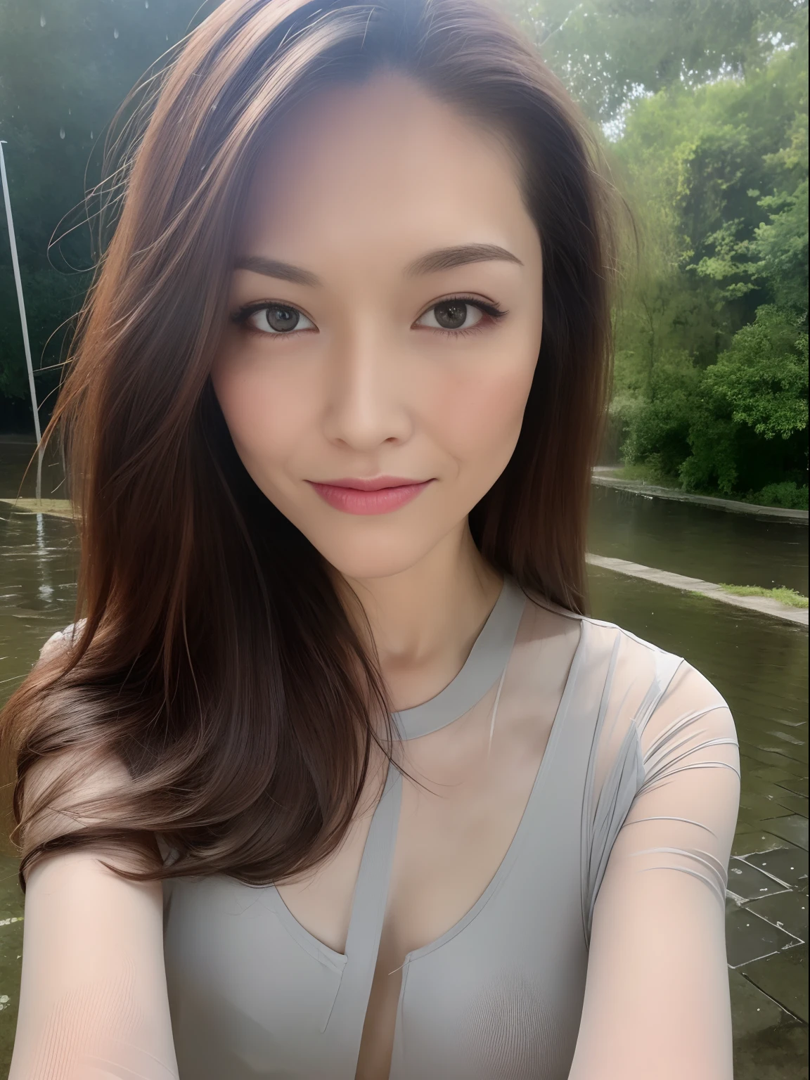 ((Best quality, 8k, Masterpiece: 1.3)), Sharp focus: 1.2, A beautiful woman with perfect body: 1.4, Slim abdomen: 1.2, ((Layered haircut, Large breasts: 1.2)), (no bra) (Small and beautiful hard nipple) (Thin and damp button up to shirt length: 1.1), (White shirt wet by rain), (Rain, Street: 1.2), Wet body: 1.1, Highly detailed face and skin texture, Detailed eyes, Double eyelid, tanned skin, sexy, tan, dark skin, tanned body, exposed shoulders, cleavage