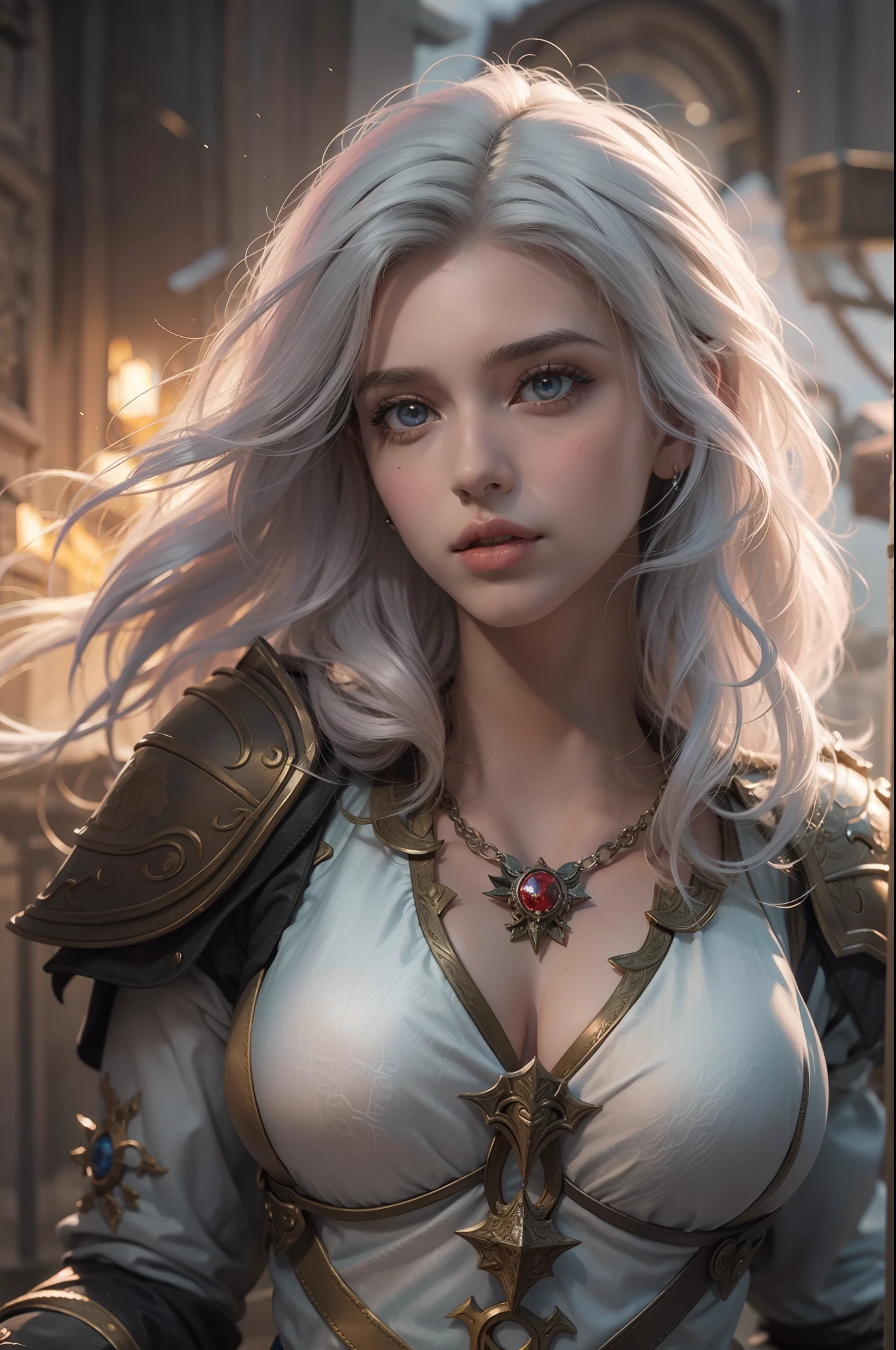 Mulher bonita que sempre Ciri do game The Wicther, com cabelos longos e olhos azuis brilhantes, obra prima, ultra qualidade, 8k, cabelos caindo sobre seus sombros, fundo o noturno, ela esta usando uma armadura medieval prateada