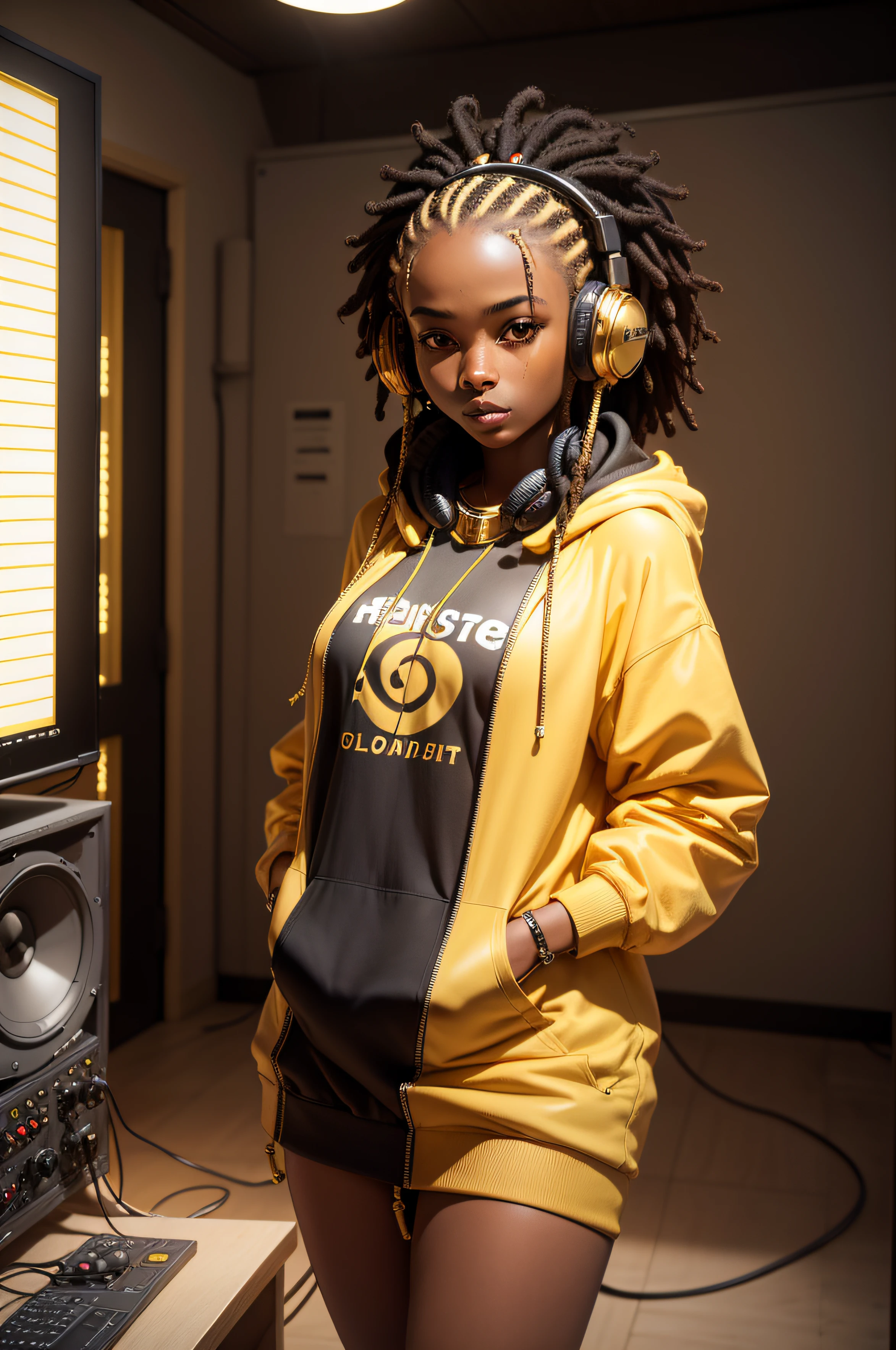 a beautiful (dark skin) woman, hair dreadlocks (EMB_fshnsta-13000:0.9), ((clothes retro hip hop hoody with golden headphones around her neck)), hyper realism, perfect rendered face, perfect face details, photographic, contemporary, hyper realism, (full body:1.2), professional, canon camera, nikon camera, sharp, bokeh, studio quality, HD, cozy, cinematographic, by Seydou Keïta, by Zanele Muholi, by Aida Muluneh, by Prince Gyasi Nyantakyi ((sfw)) inside a professional and large (6m x 6m) music studio with studio monitors and instruments.