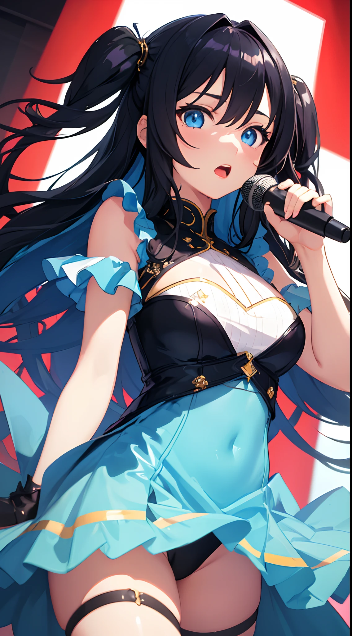 1girl, solo, long hair, one side up hair, black hair, blue eyes, beautiful detailed eyes, idol girl, expressive face, singing face, light ray, colorful, high contrast, (masterpiece), wallpaper, dynamic pose,