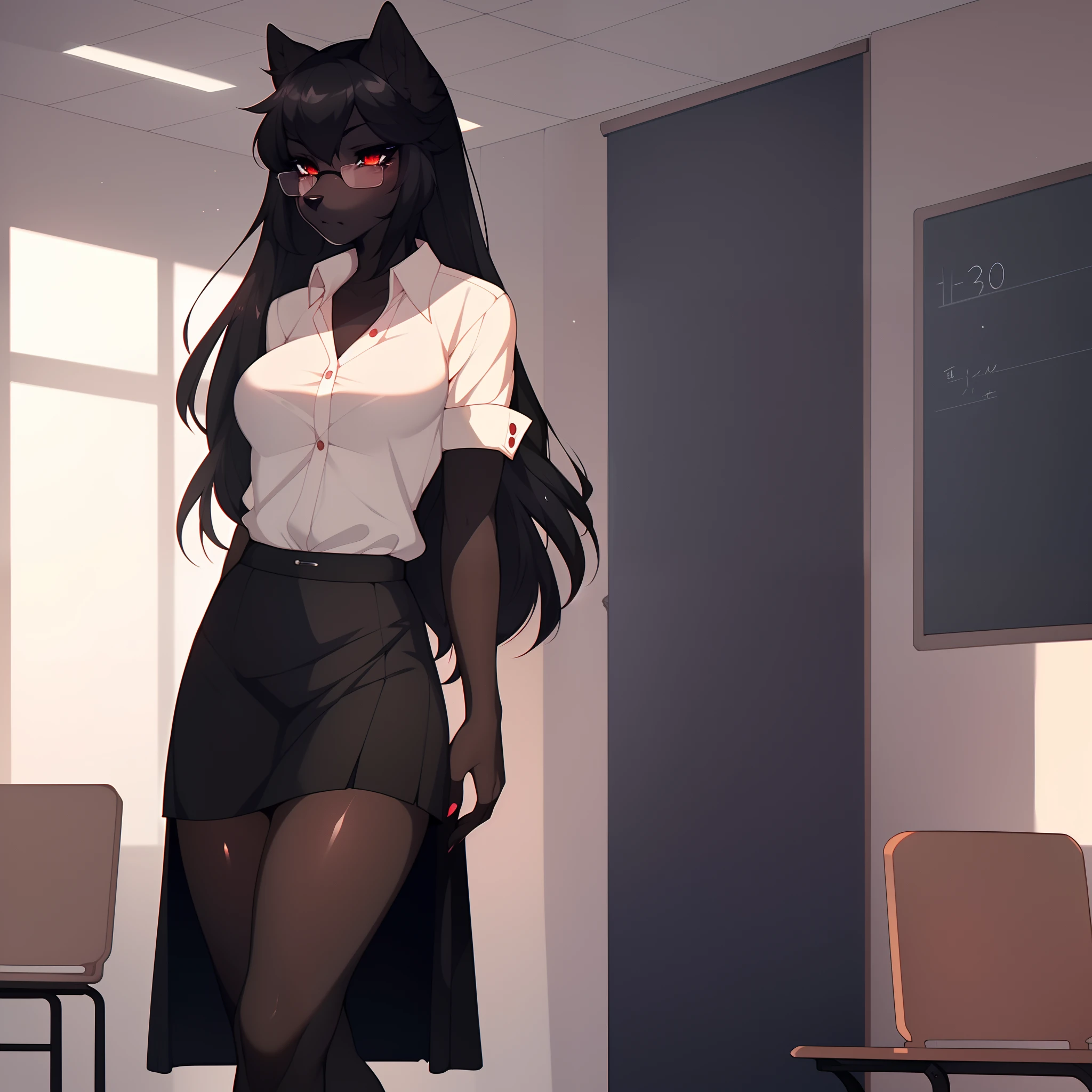 Solo:1.5, (by hyattlen, by fumiko, by claweddrip:1.2) a black female wolf girl, black furry body, long black hair, wearing a button up white shirt, long black skirt, wearing glasses, serious look on face, high heels, in a classroom, standing, masterpiece, (cute snout:1.2) black nose