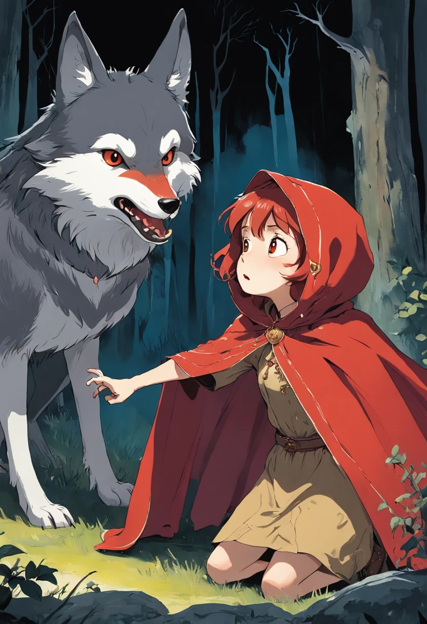 lustration of a girl with a red cloak, Caperucita roja, un lobo en una cama, un cazador con escopeta apuntando al lobo, Caperucita Roja, Classic children's illustration, Caperucita Roja, Gran lobo feroz, Caperucita Roja, The wolf threatens the girl, el cazador mata al lobo, story book illustration, Richard Scarry, story book illustration, Ilustraciones de cuentos de hadas, Arte de cuento, por Jack Davis, storybook illustation, por Maurice Sendak, , detallado,