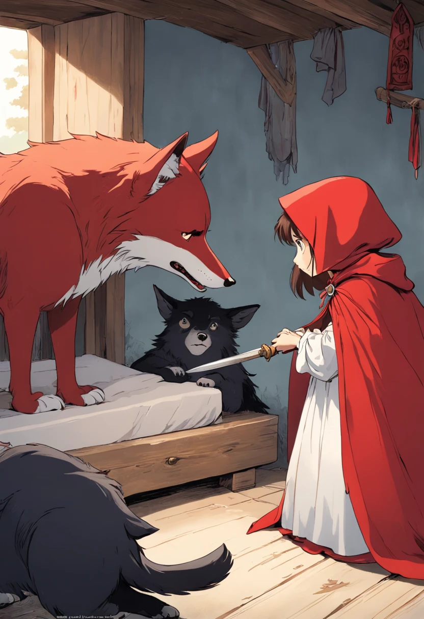lustration of a girl with a red cloak, Caperucita roja, un lobo en una cama, un cazador con escopeta apuntando al lobo, Caperucita Roja, Classic children's illustration, Caperucita Roja, Gran lobo feroz, Caperucita Roja, The wolf threatens the girl, el cazador mata al lobo, story book illustration, Richard Scarry, story book illustration, Ilustraciones de cuentos de hadas, Arte de cuento, por Jack Davis, storybook illustation, por Maurice Sendak, , detallado,