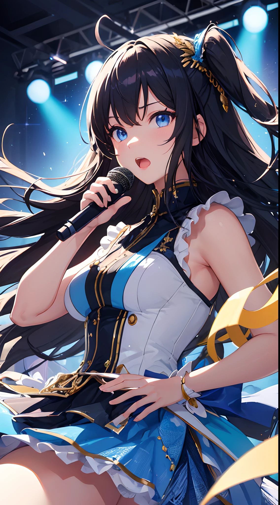 1girl, solo, long hair, one side up hair, black hair, blue eyes, beautiful detailed eyes, idol girl, expressive face, singing face, light ray, colorful, high contrast, (masterpiece), wallpaper, dynamic pose, cute face